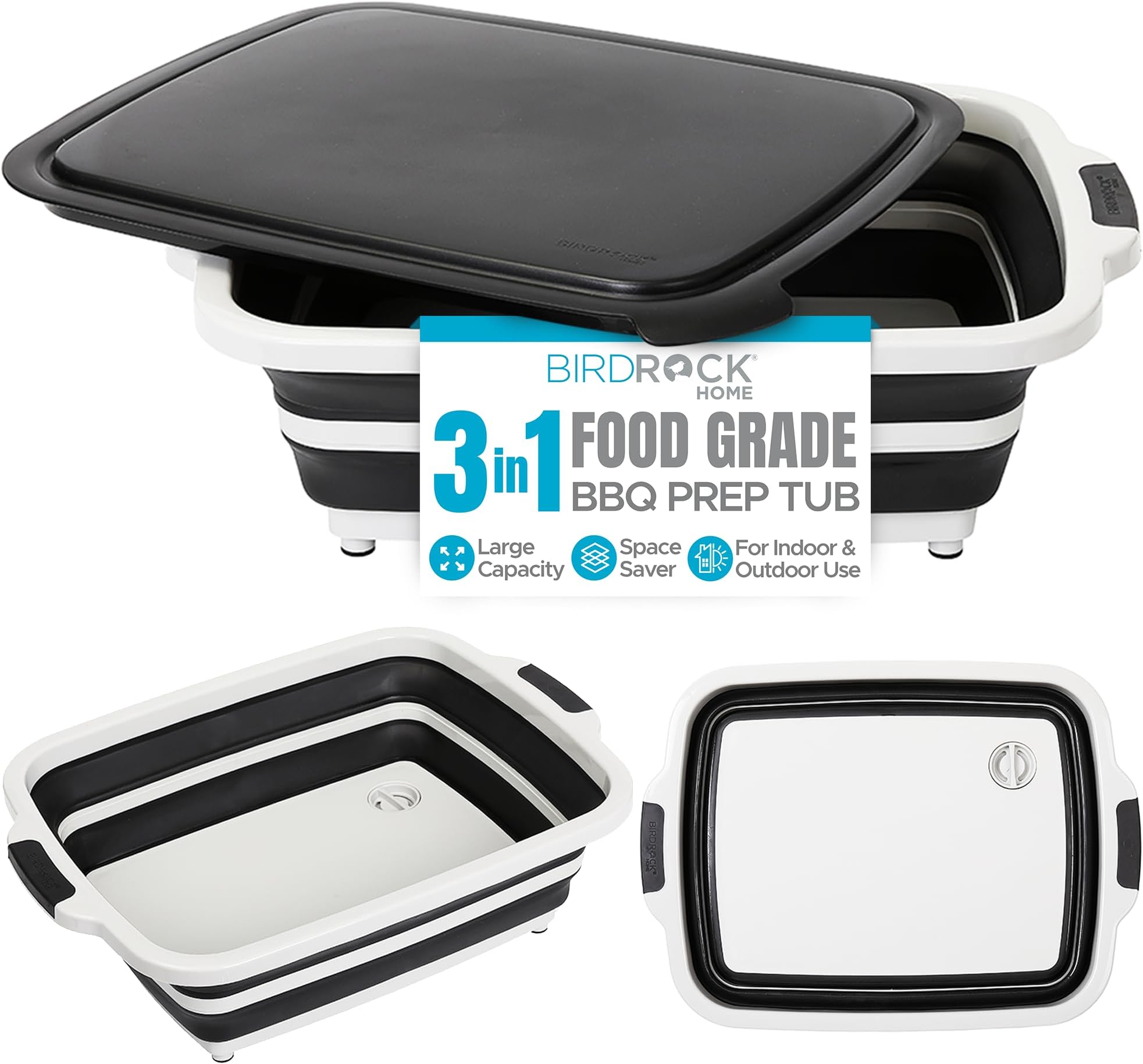 BIRDROCK HOME Collapsible Large BBQ Prep Tub w/Cutting Board, Multi-Function Grill Caddy w/Colander & Lid, Portable Silicone Dish Bowl for Picnic, Tailgate, Camping - Black