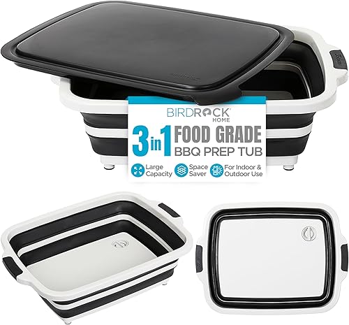 Miniatura 1 de BIRDROCK HOME Tina plegable grande de preparación para barbacoa con tabla de cortar, organizador de parrilla multifunción con colador y tapa, cuenco
