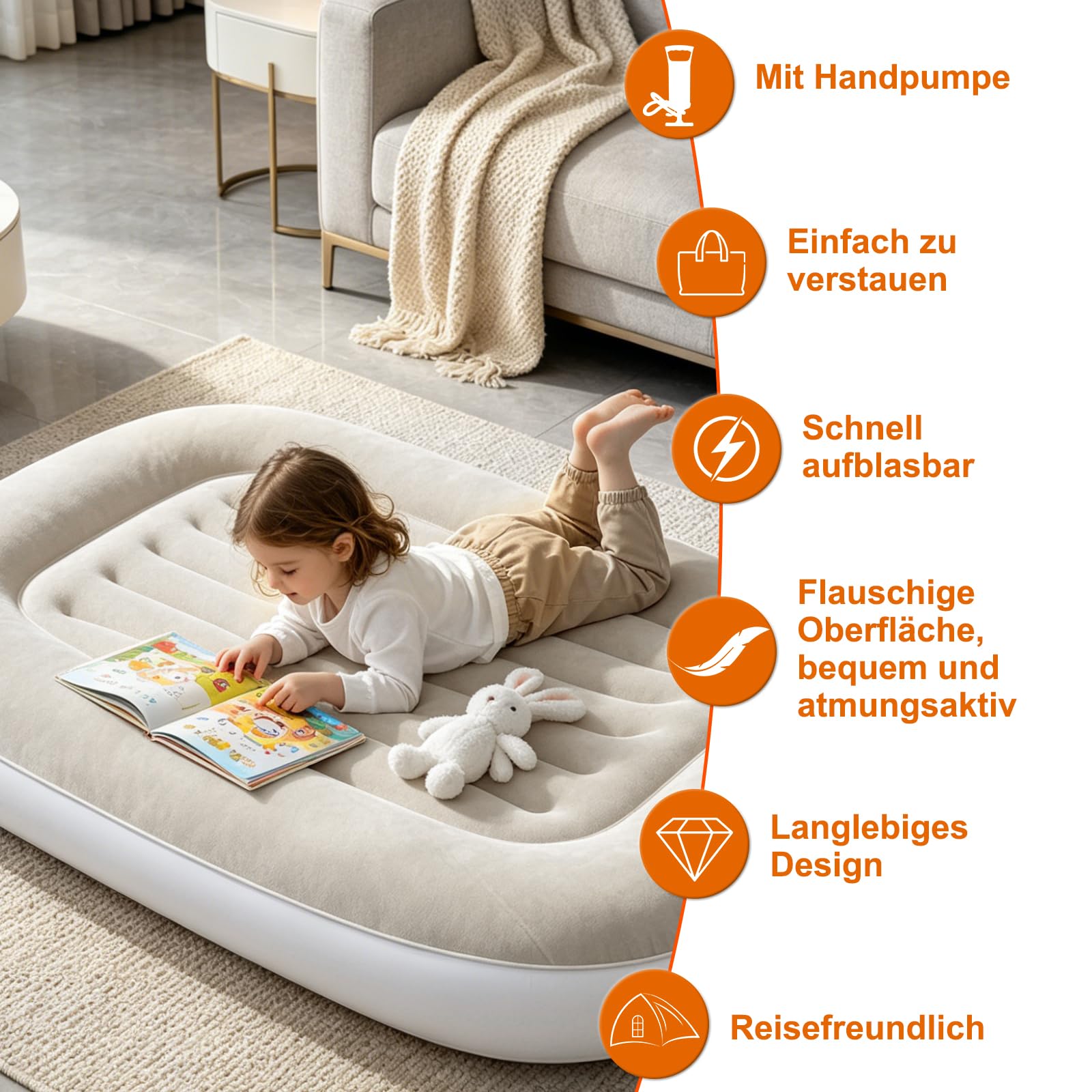 Kinder Luftbett aufblasbar mit Handpumpe, weiche beflockte Oberfläche, Reisebett für Kleinkinder
