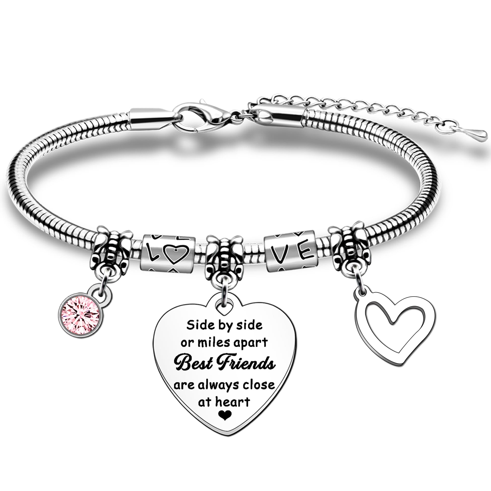 Bracciale Per Migliore Amica HULALA: Con Ciondolo Cristallo Rosa E Scritta 'Side By Side Or Miles Apart', Regalo Di Amicizia - 3