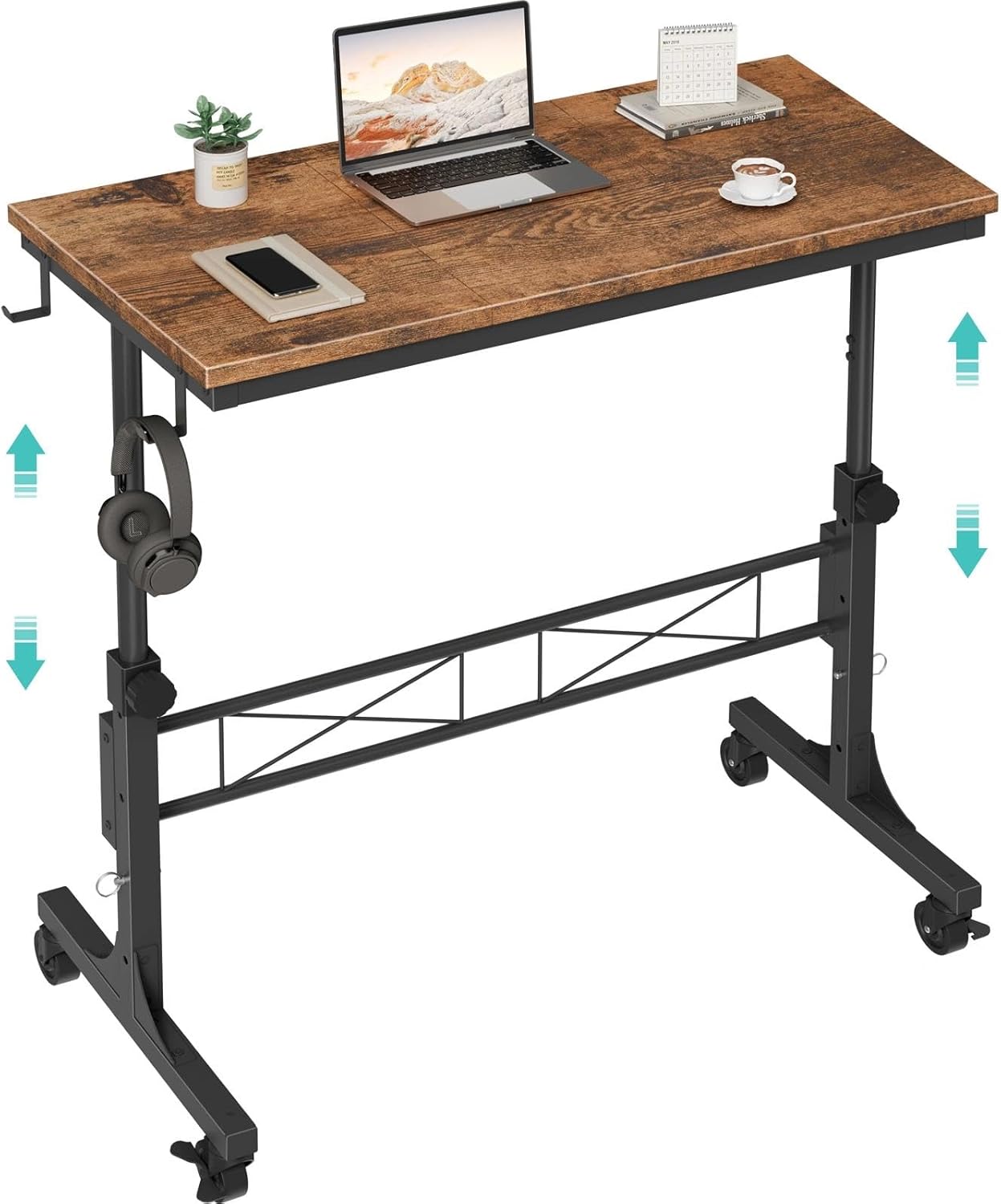 Small Portable Rolling Standing Desk – 32 Inch Adjustable Height Mobile Stand Up Desks with Wheels for Treadmill Walking Pad, Teacher Podium for Classroom, Couch Sofa Side Laptop Table, Rustic Brown