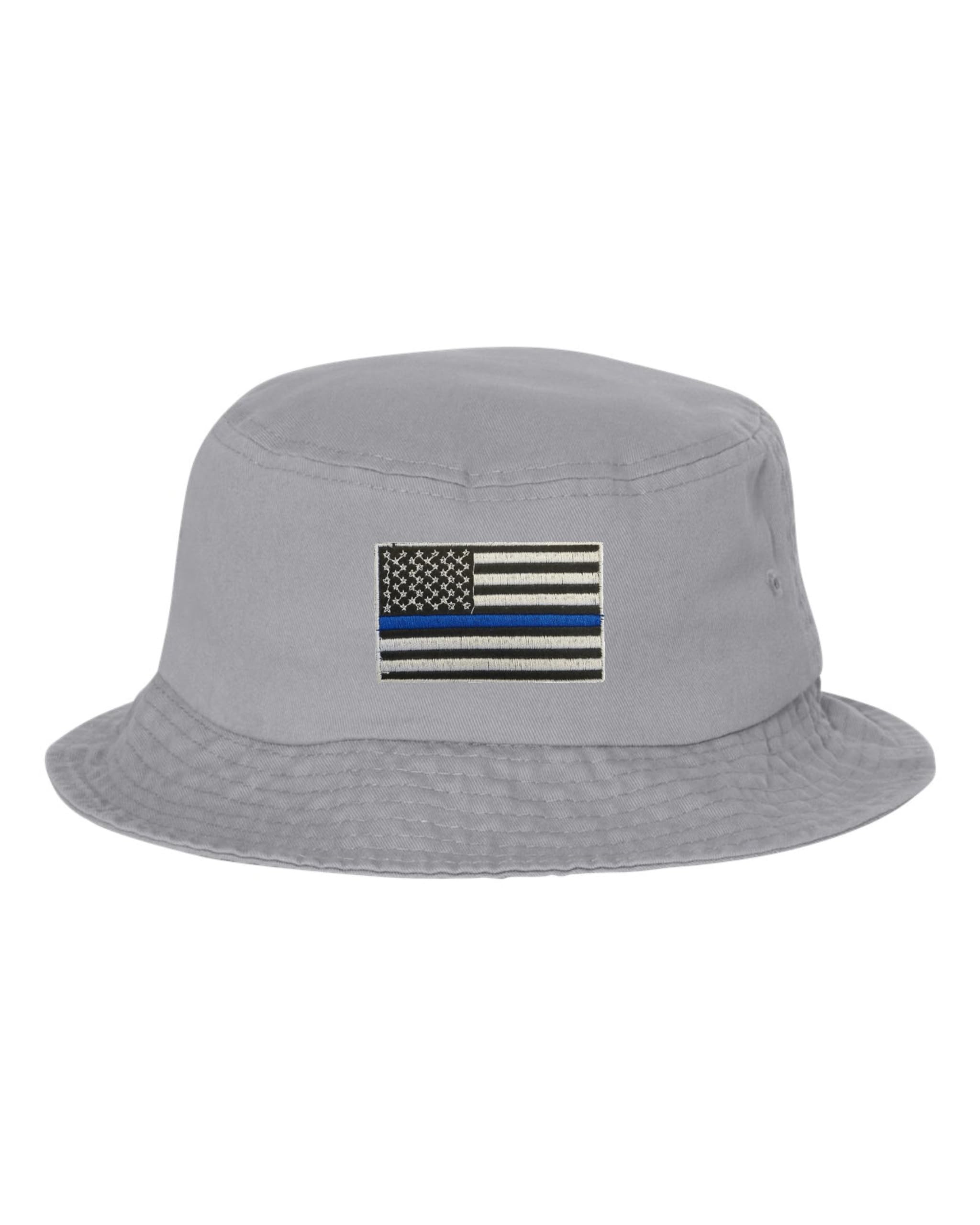 Go All Out One Size Gray Bucket Thin Blue Line USA Flag Embroidered Cap Dad Hat