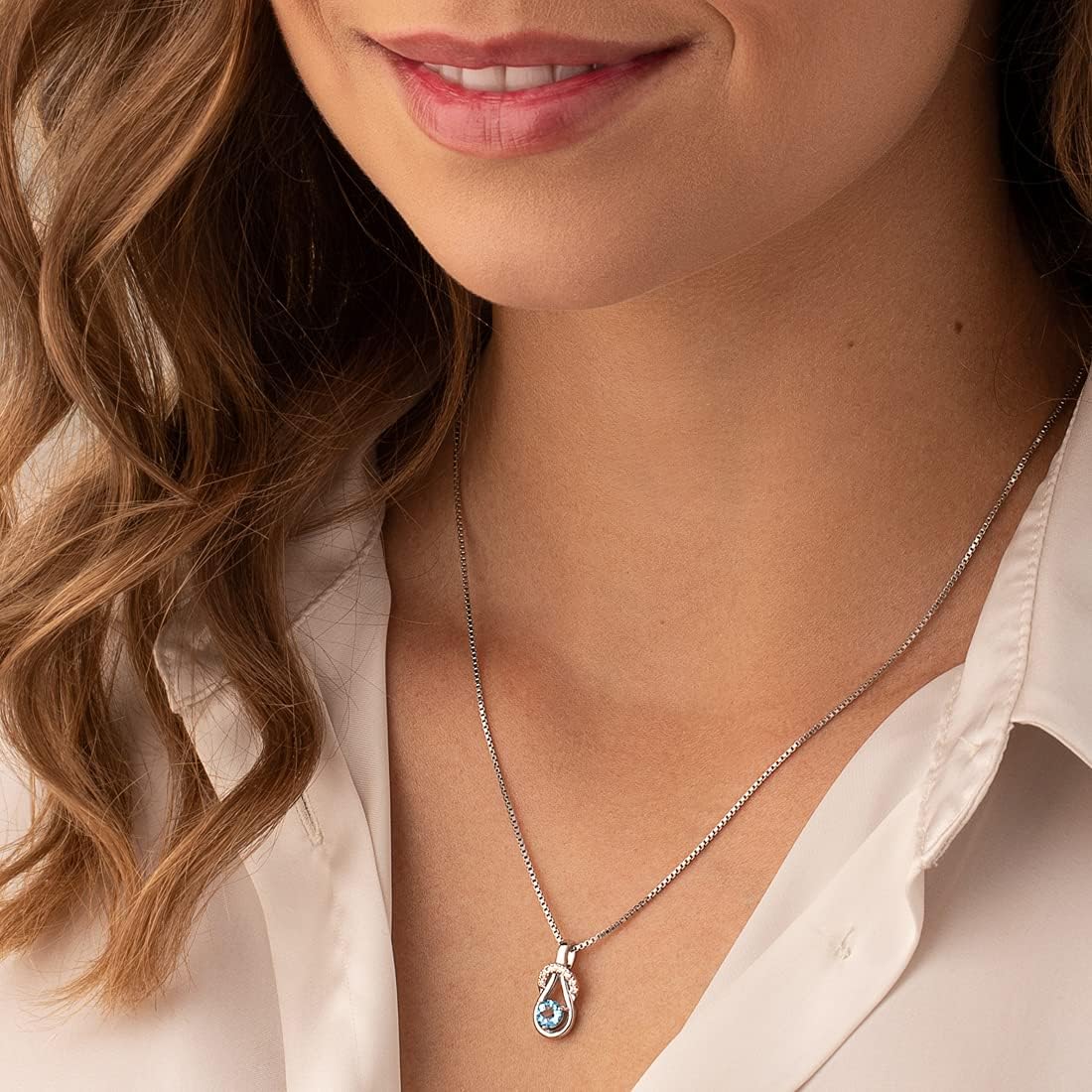 PEORA Swiss Blue Topaz Infinity Pendant Necklace for Women 925 Sterling Silver, Natural Gemstone Birthstone Solitaire, 0.50 Carat Round Shape 5mm with 18 inch Chain