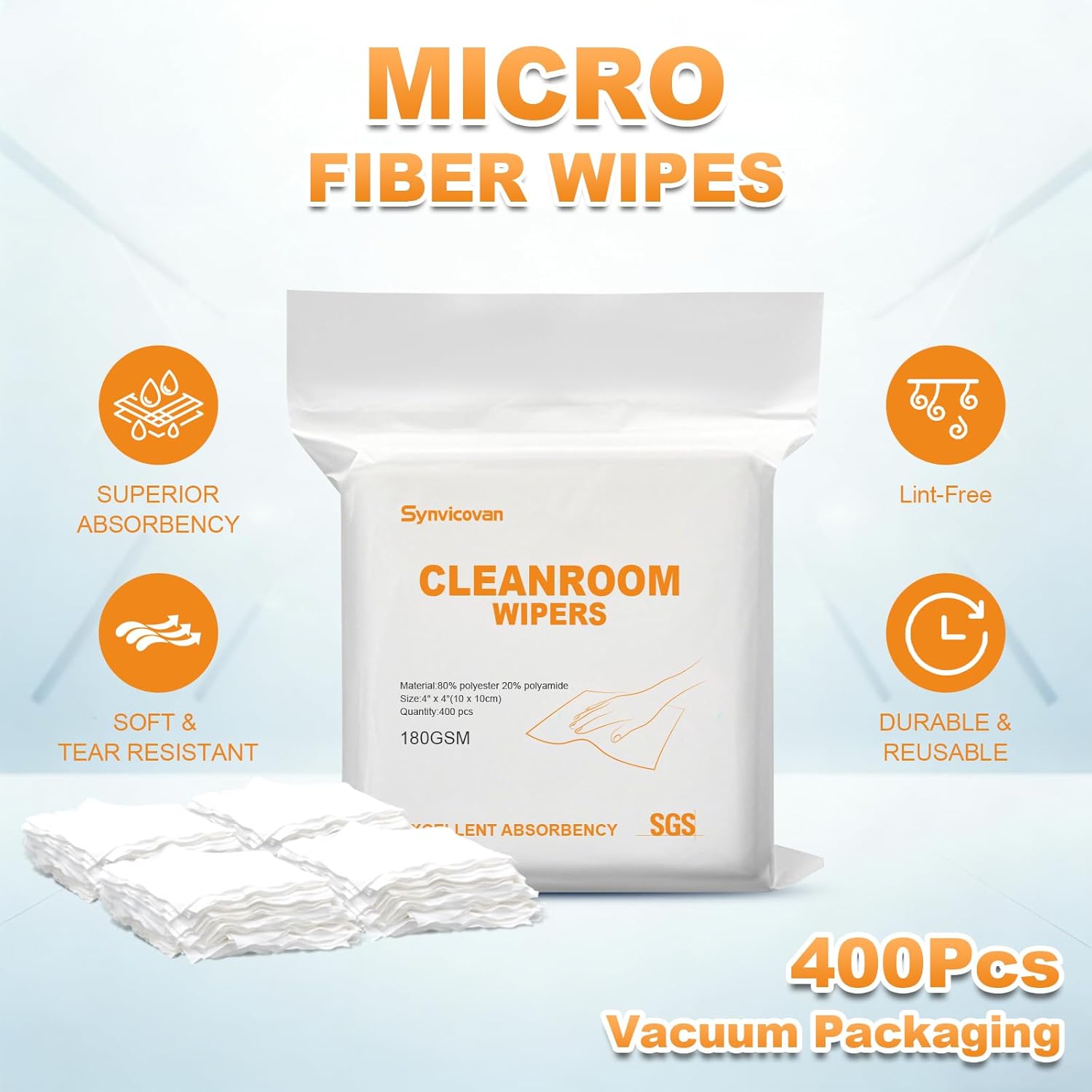 Microfiber Wipes 4"x4"(400 Pcs,Class 100, 180GSM) Superfine Lint Free Cloths Cleaning and Drying Cloths Reusable Ultra Absorbent for All Surface Types