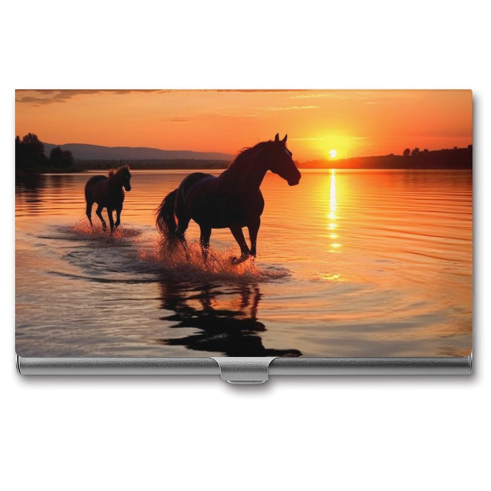 BTCOWZRV Sunsets Lake Horses Business Card Holder Metal Slim Business Card Case, Pocket Card Holder for Men Women Purse Name Card Holder Stainless Steel Wallet Credit ID Case for Office