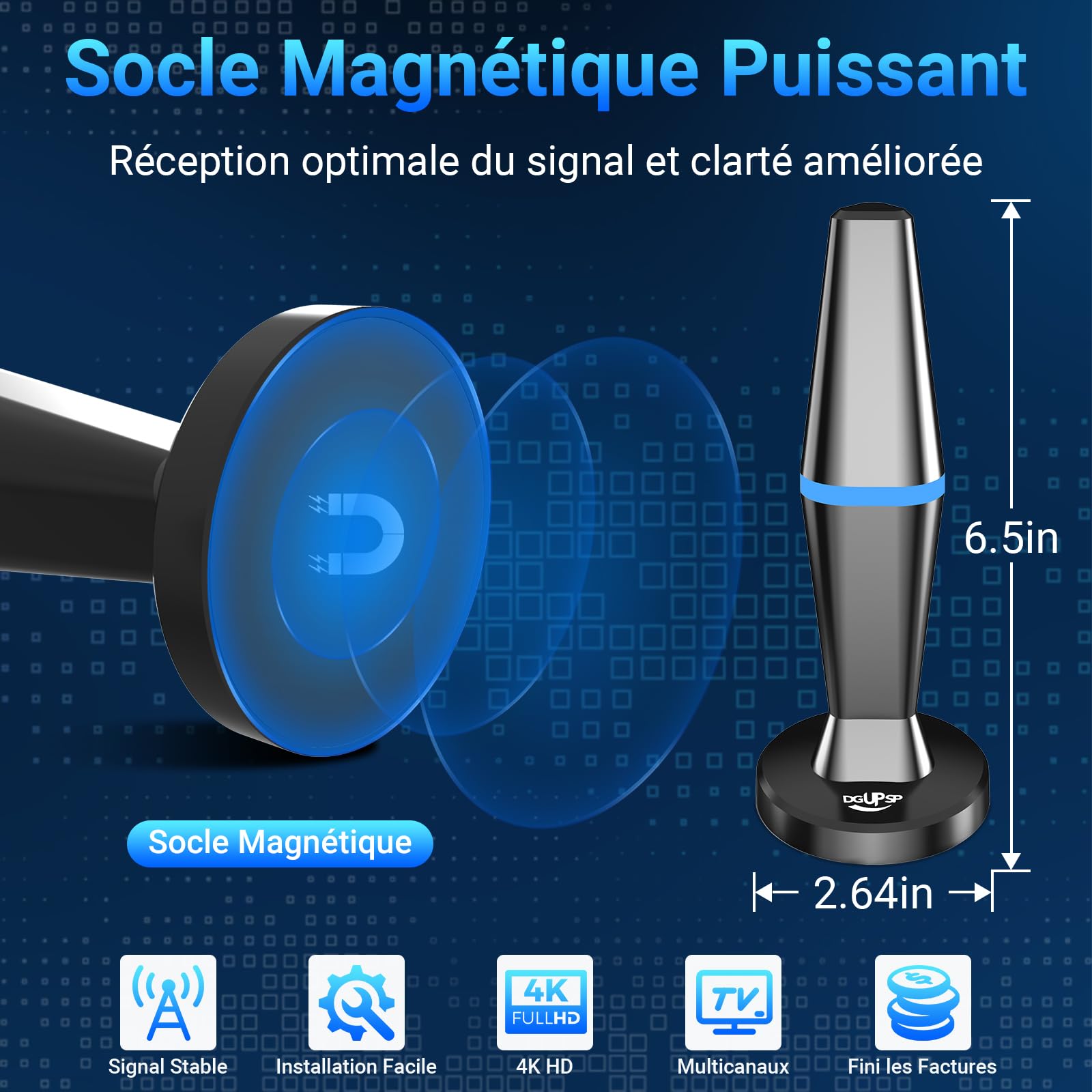 Antenna TV per interni - Antenne TNT per Smart TV con potente base magnetica e amplificatore, lunga portata fino a 80 km, compatibile con tutti i televisori