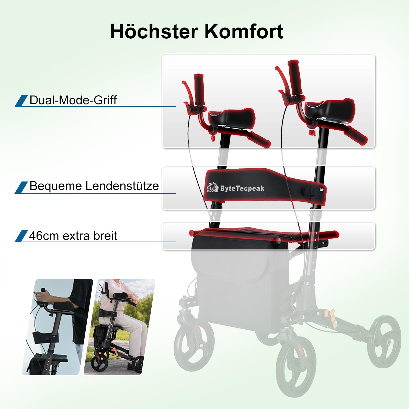 R2 Rollator Faltbar und Leicht mit Sitz, Rollatoren Schmal für Wohnung, Gehhilfe Rollator für Senioren Klappbar, ausgestattet mit verstellbaren Unterarmauflagen, belastbar bis 100 kg, Schwarz