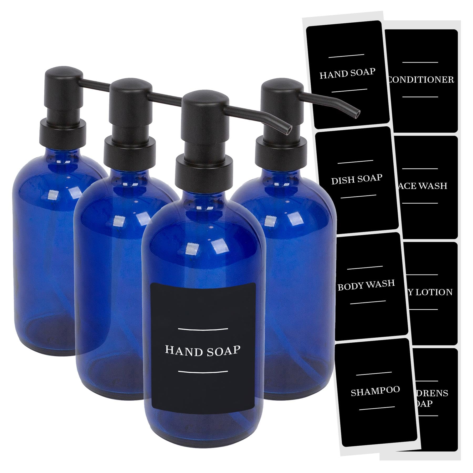Harbour Housewares Glass Soap Dispensers with Labels Pack of 4-500ml Blue Refillable Bottles with Pumps and Black Labels - Bathroom and Kitchen Accessories for Hand Wash, Lotion or Sanitiser