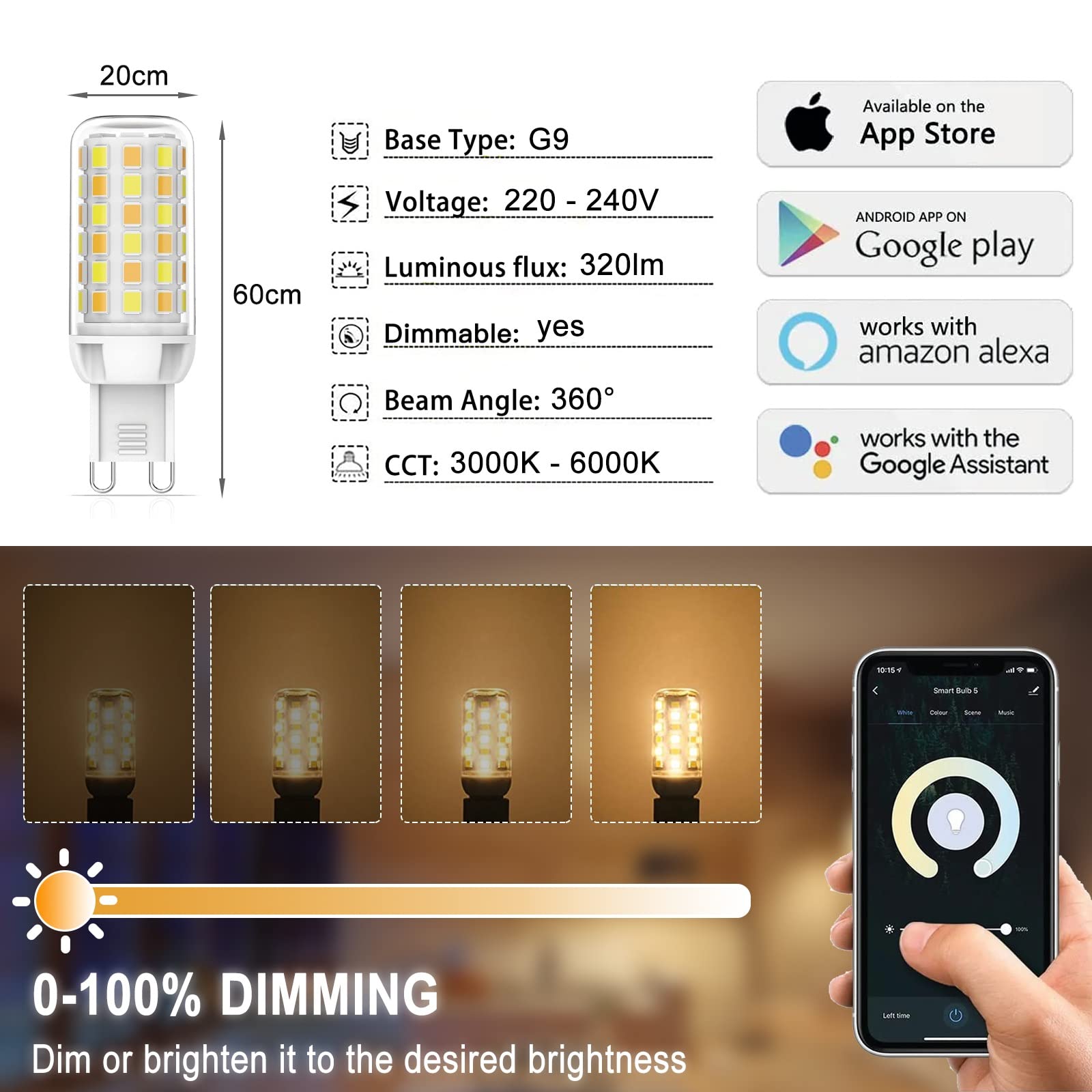 BVCL G9 LED Lampen, 3W Smart WiFi G9 Dimmbar Glühbirne 320LM Kein Flicker, Ersatz für 30W Halogenlampen, Dimmbar per App oder Sprache, 5er Pack