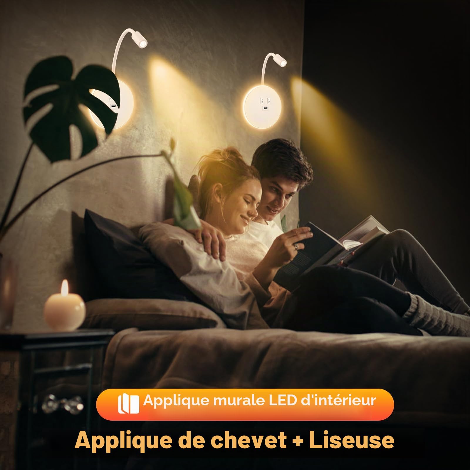 2PCS Applique Murale Interieur LED, Lampe de Lecture avec interrupteur, Liseuses Murales de Chevet Réglable avec Port de Charge USB, 3000K Lecture de Chevet Applique Murale pour Chambre Salon (Blanc)
