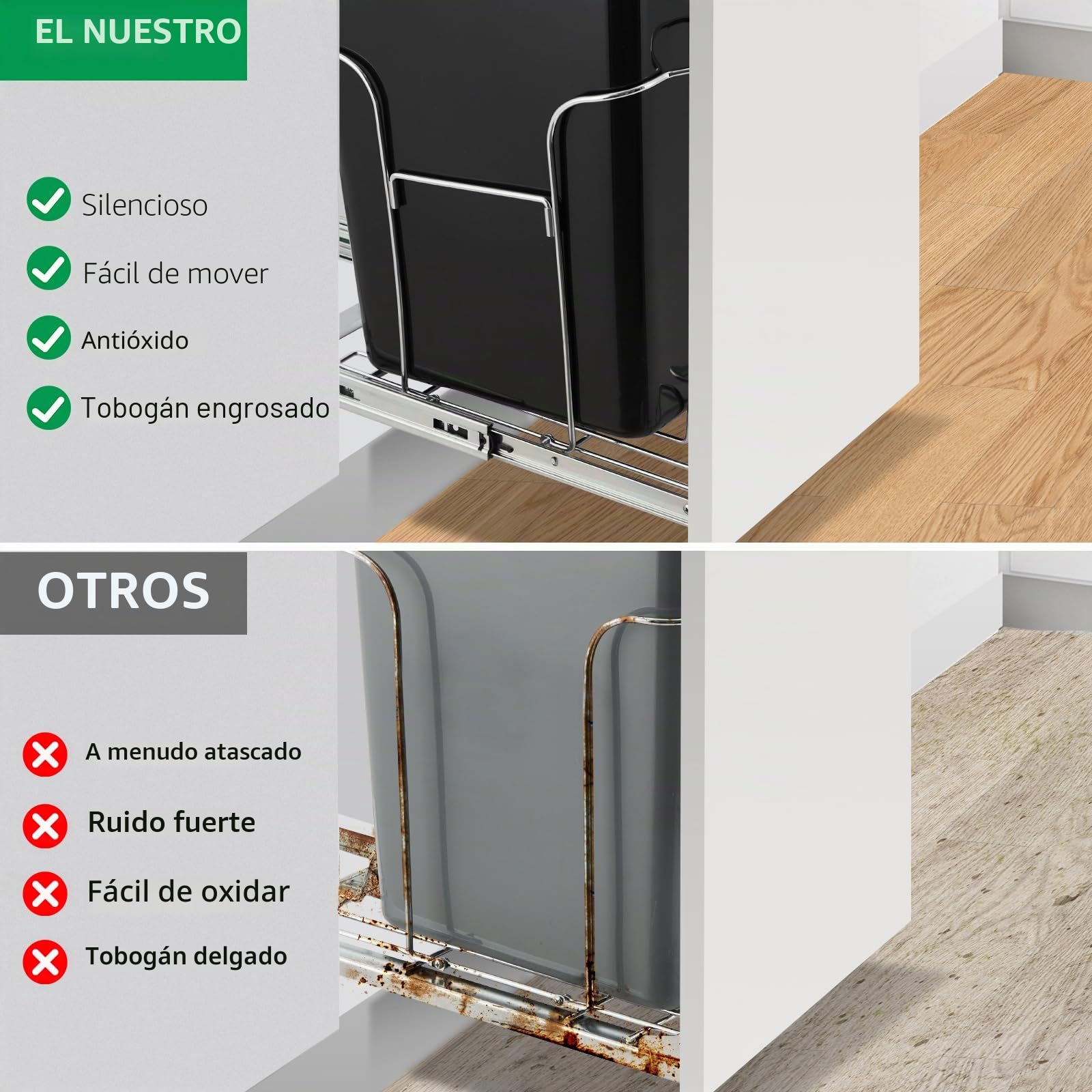 Garvee Cubo De Basura Extraíble Para Armario Bajo Fregadero – Cierre Suave y Guías Resistentes – Kit De Montaje Fácil Para Cocina – Compatible Con Armarios De Mínimo 27x48cm – Capacidad 30L (Sin Cubo)