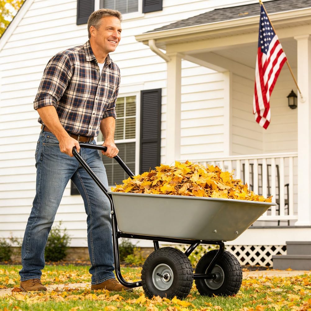 2 Wheel Wheelbarrow, Heavy Duty Yard Dump Cart Wheel Barrow with 10-inch Pneumatic Wheels 330 LBS Utility Garden Cart for Lawn, Gardening, Construction