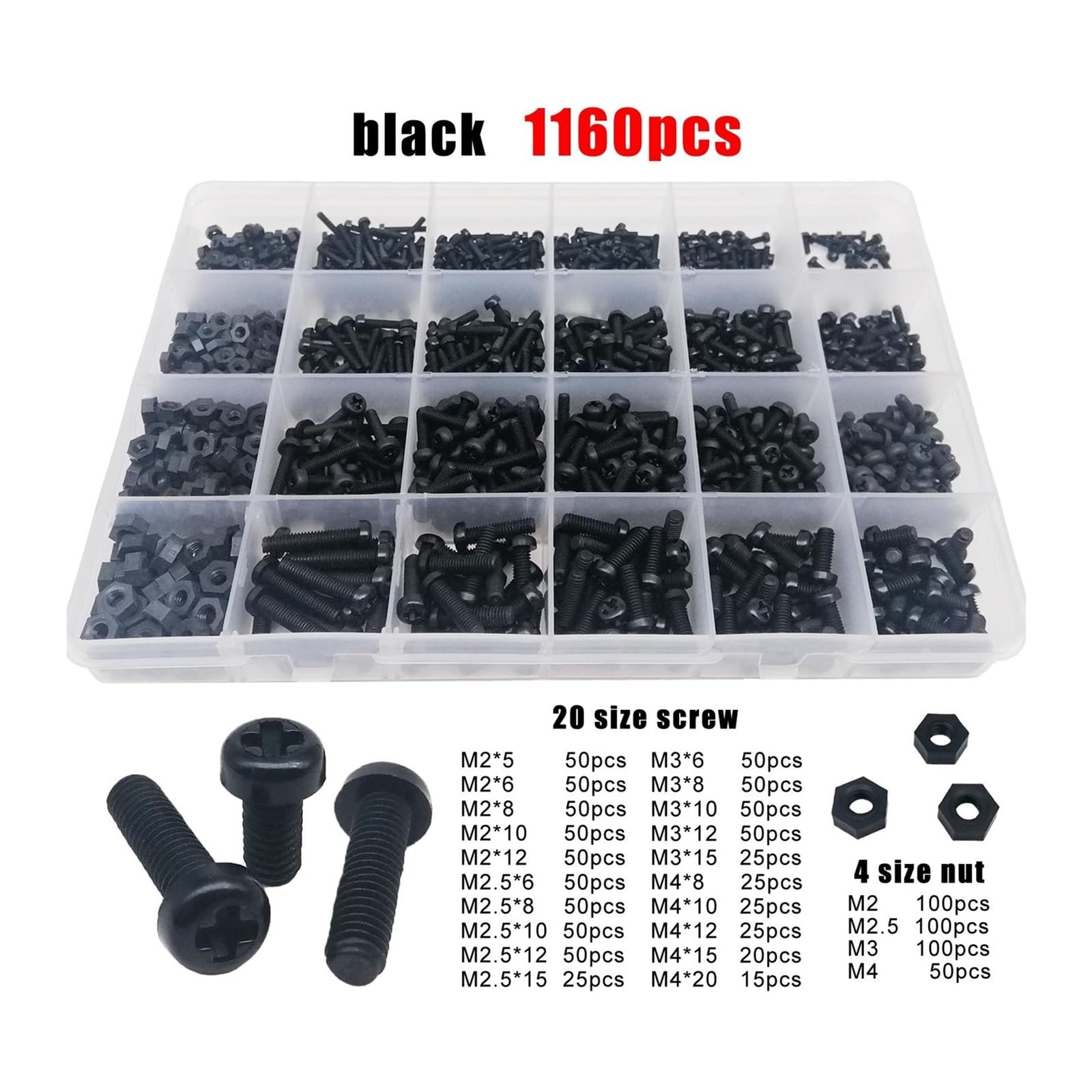 1 boîte 300/700/1160pc M2 M2.5 M3 M4 Noir Blanc Nylon Plastique isolé Casserole tête Ronde Boulon vis écrou Ensemble Assortiment Kit(Black 1160pcs)
