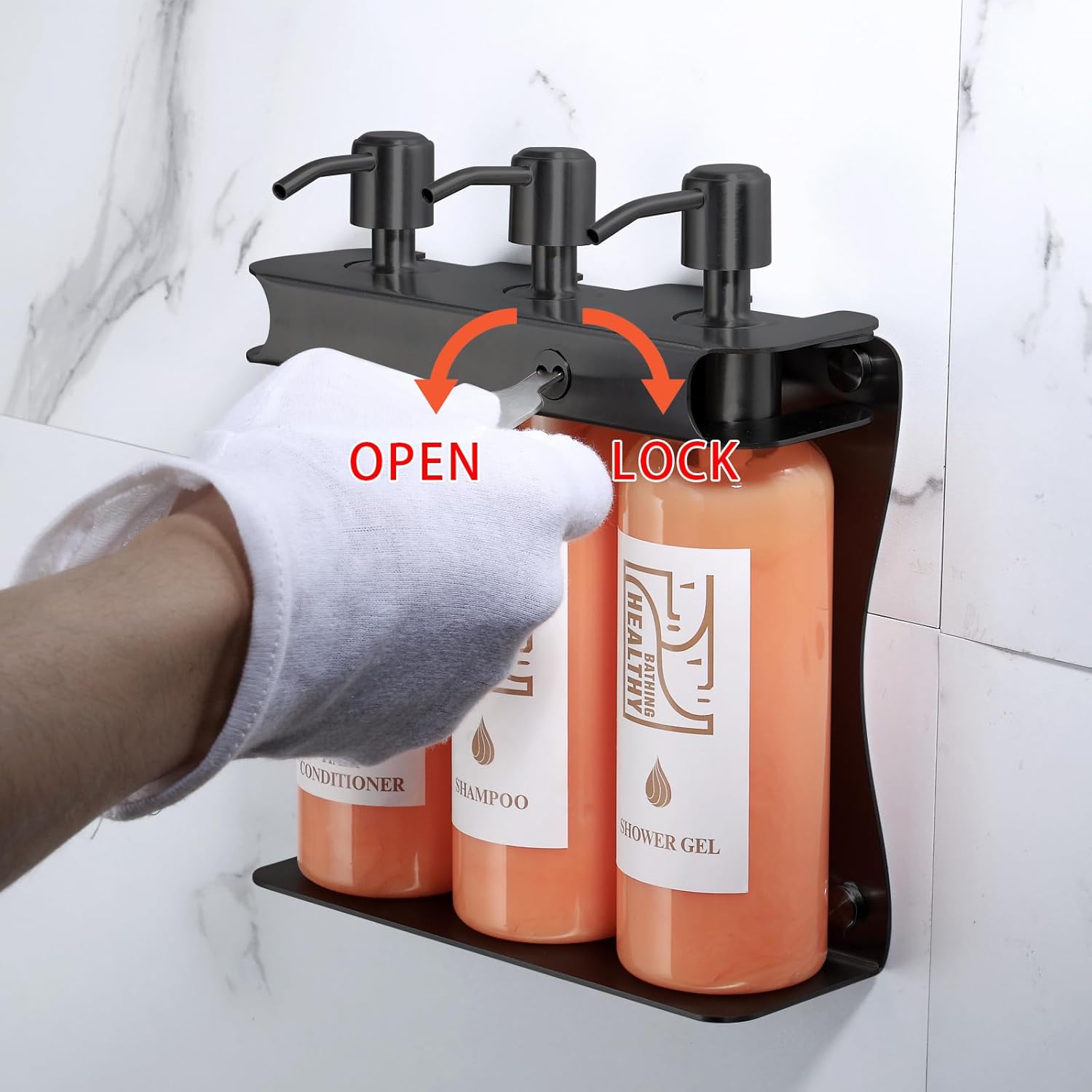 Black Shampoo, Conditioner, Shower Gel Dispenser 3 Room refillable Shampoo and Conditioner Pump Bottle Wall-Mounted Slot Shower soap Dispenser (KCHS-3) - Image 5