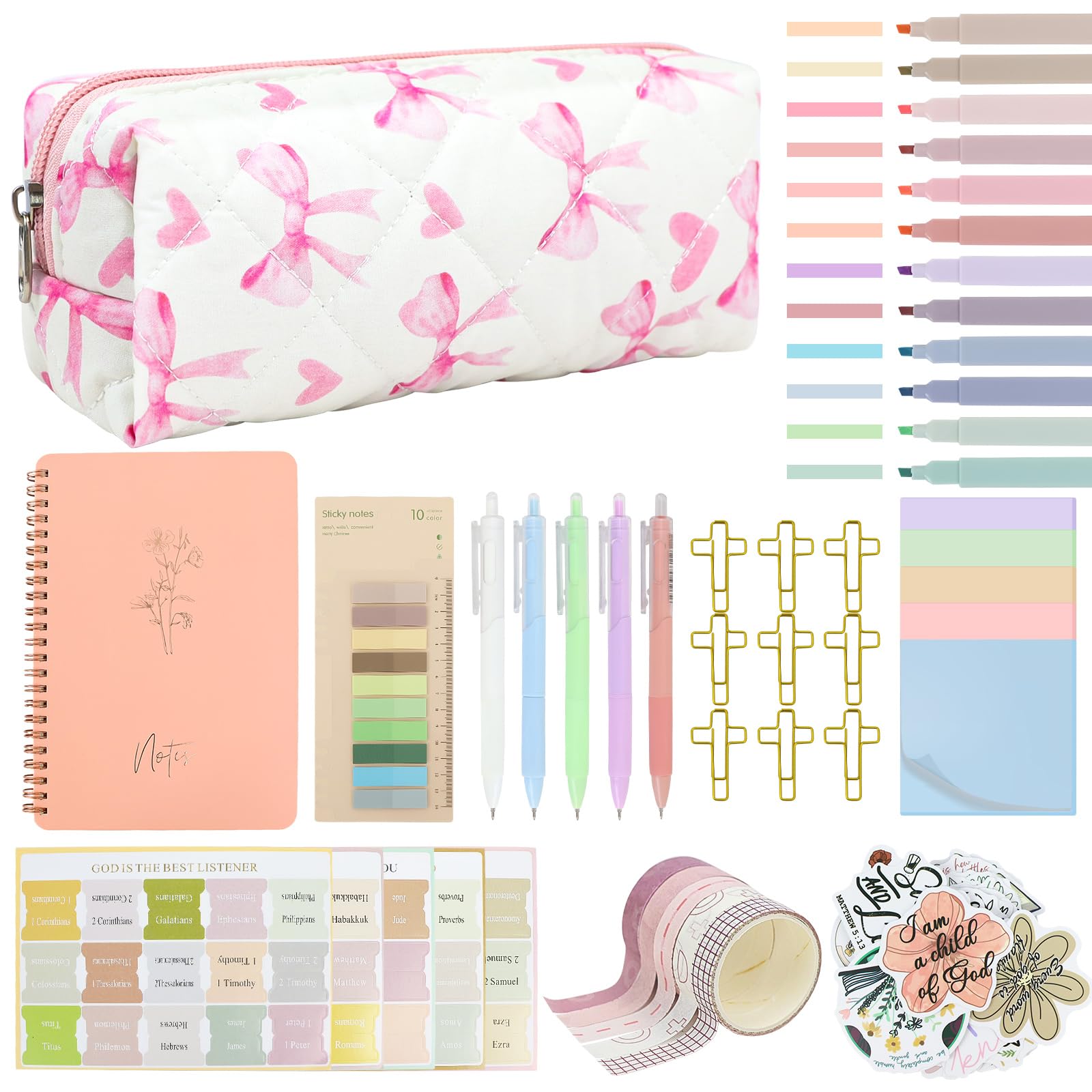DRANSMIC Kit de diario de suministros de estudio bíblico con bolígrafo, pestañas, cuaderno y resaltador sin sangrado, kit de anotación de libro estético, regalos cristianos para mujeres, amigas