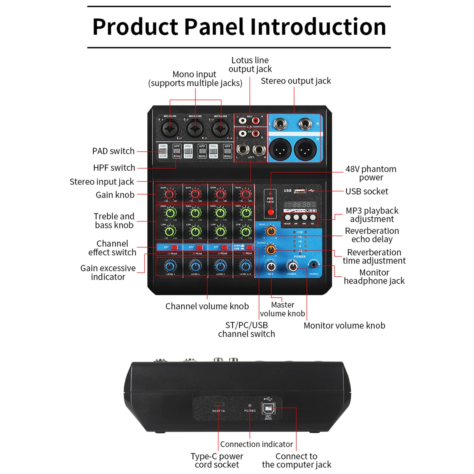 Table de Mixage 5 Canaux, Table-Mixage-Audio-USB Alimentation Fantôme 48V, Console de Mixage pour Ordinateur Microphone Lecteur, Mélangeur Audio pour Live Studio Scène