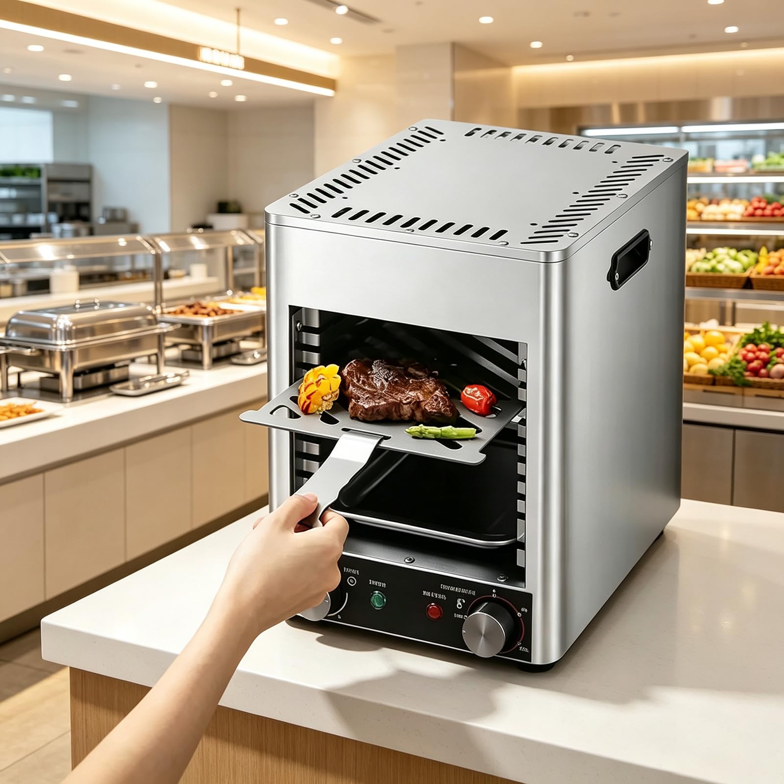 Komercyjny piec do mięsa 1700 W, bezdymny grill ze stali nierdzewnej, szybkie podgrzewanie 5 minut, regulowana temperatura od 200 do 800 ℃, 10-minutowy timer