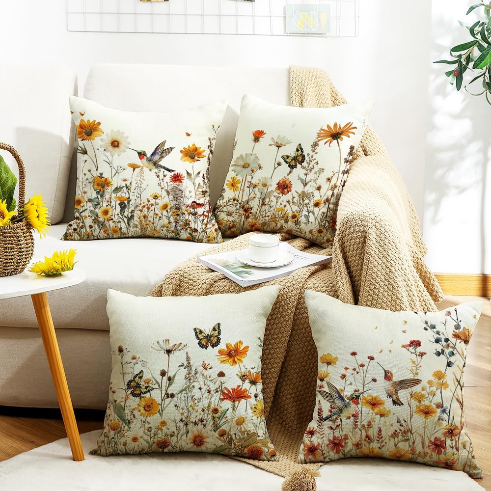 wyooxoo Spring Pillow Covers 20x20 Set of 4 Farmhouse Summer Throw Pillow Covers Floral Decorative Cushion Cases for Sofa Couch Outdoor Bedroom