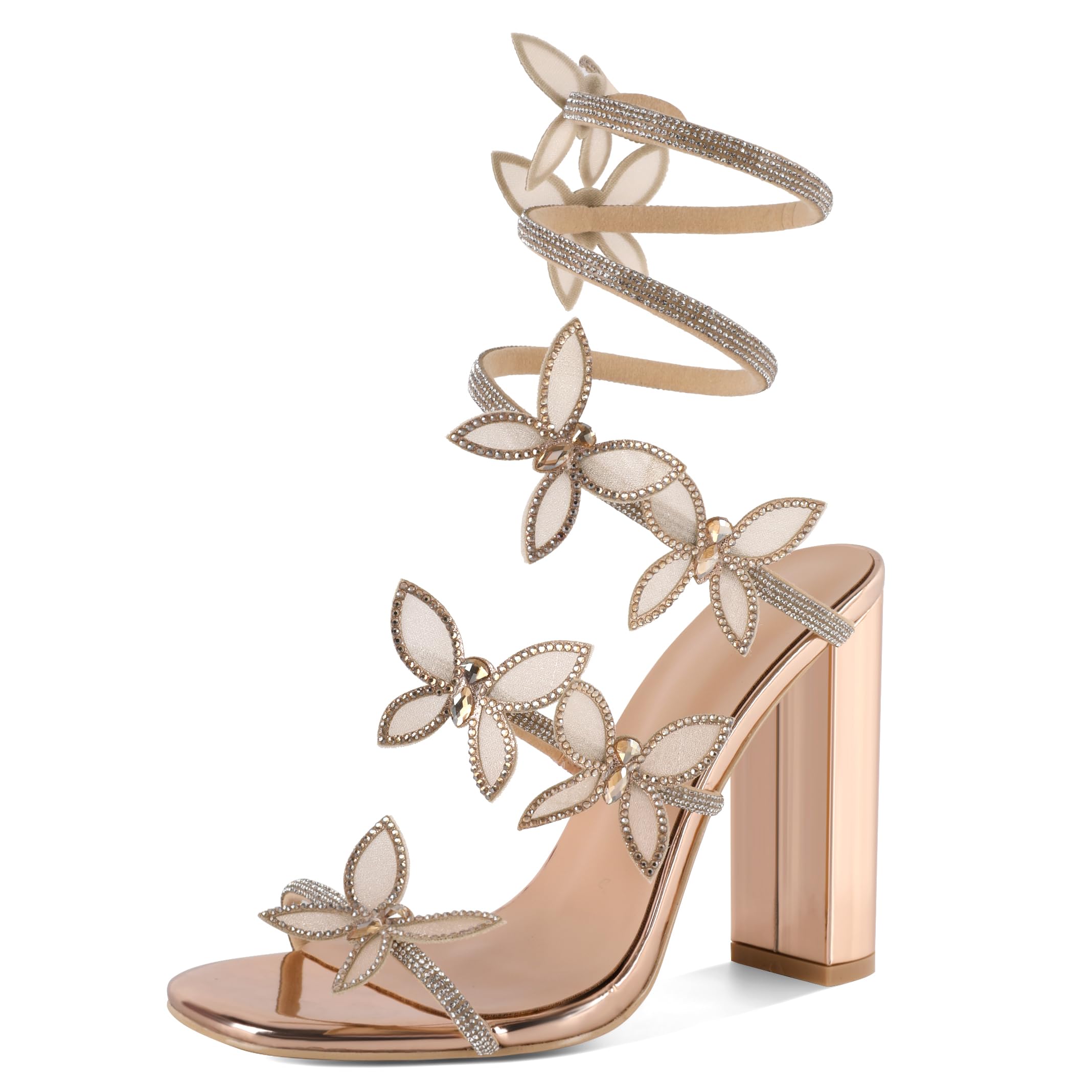 YODEKS Rhinestone Butterfly Heels Sandals Open Toe Chunky Heel Women's Shoes