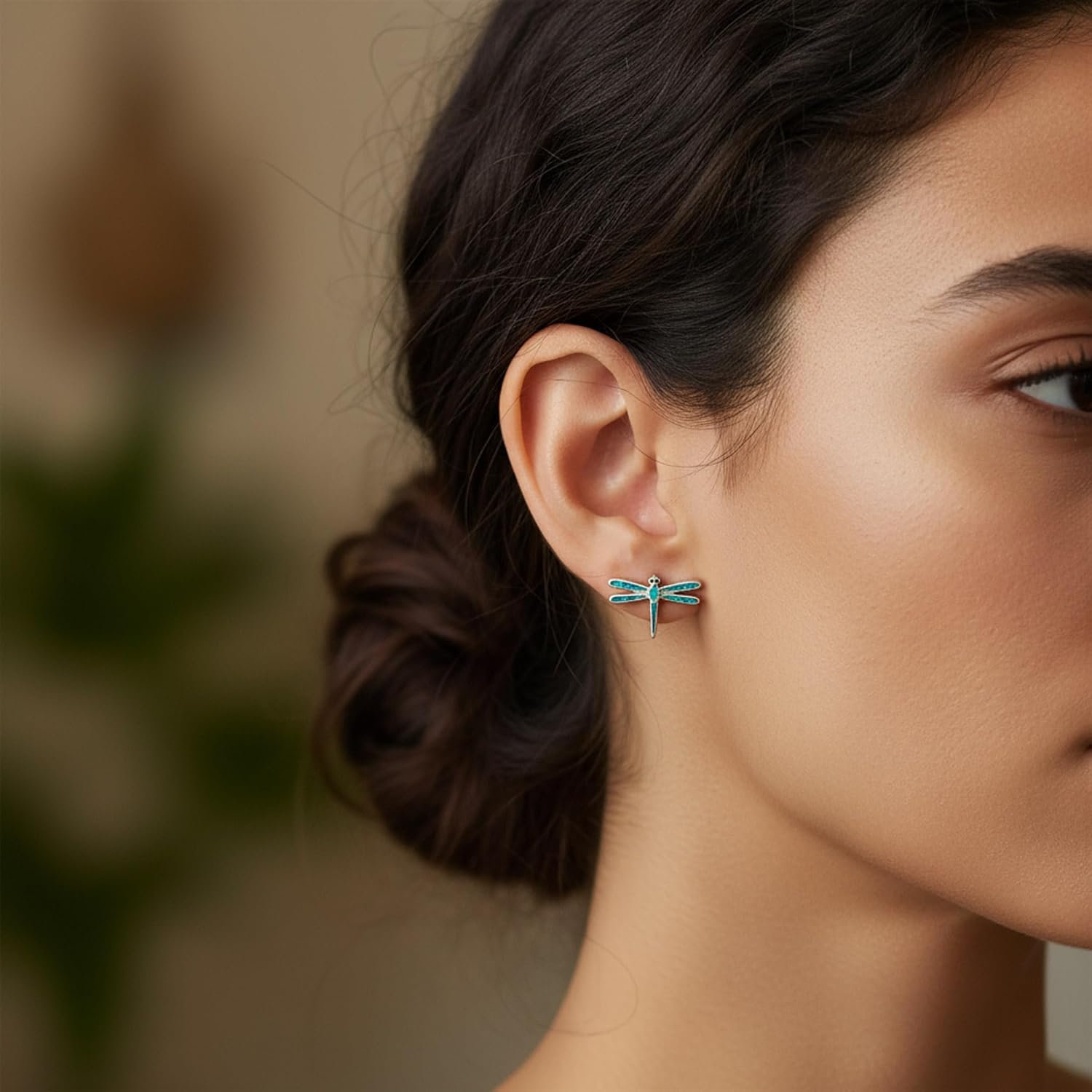 Blue Created Opal Garden Insect Summer Dragonfly Firefly Stud Earrings For Women For Teen .925 Sterling Silver