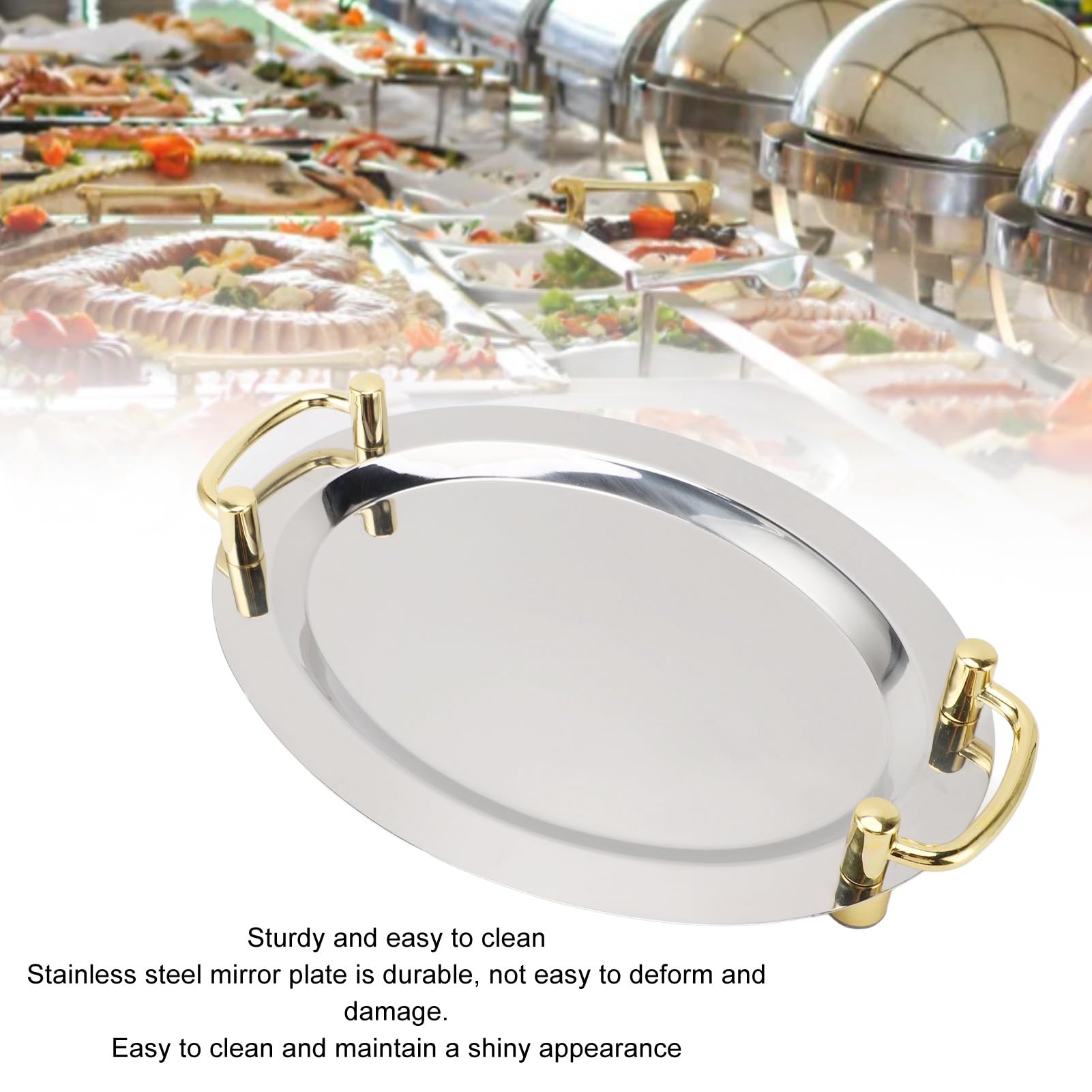 Aramox Plato de Acero Inoxidable, Bandeja para Servir de Acero Inoxidable 304 con Asa, Plato de Metal Multifuncional para Restaurante, Hotel, Buffet, Catering, Servicio de Alimentos (#3)
