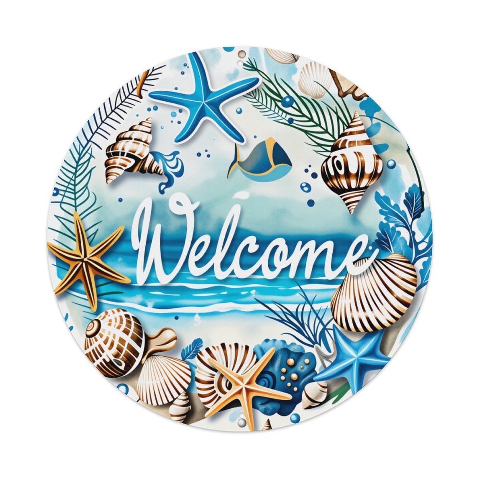 Ocean Waves Seashells Starfish Fish Round Tin Sign Vintage Metal Poster Retro Bar, Home, Man Cave, Kitchen, Laundry Room Wall Art Decor Gift 8x8In
