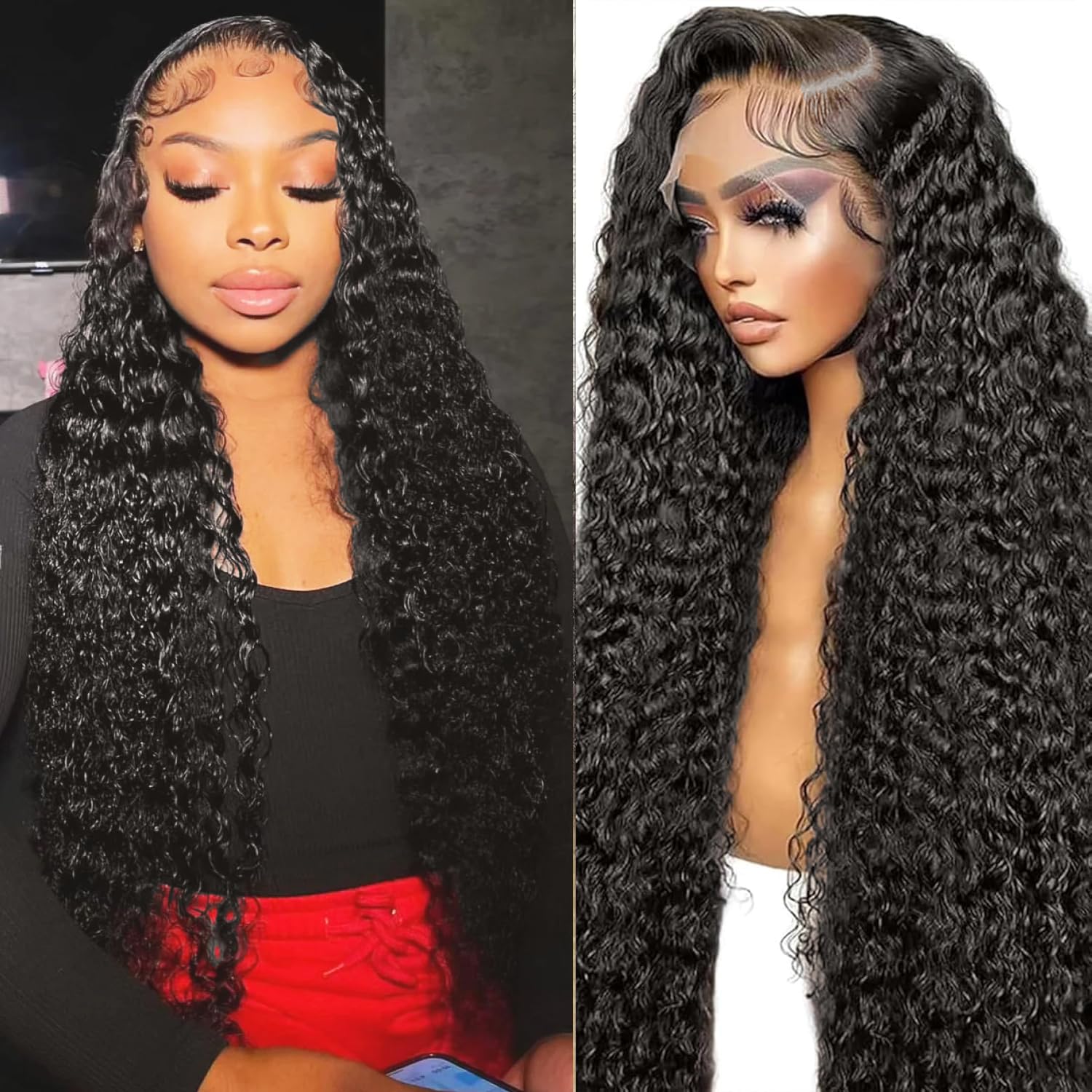 RJCY 26 Inch Deep Wave Lace Front Wigs Human Hair 210 Density 13x6 Curly HD Transparent Lace Front Wigs Human Hair Pre Plucked with Baby Hair