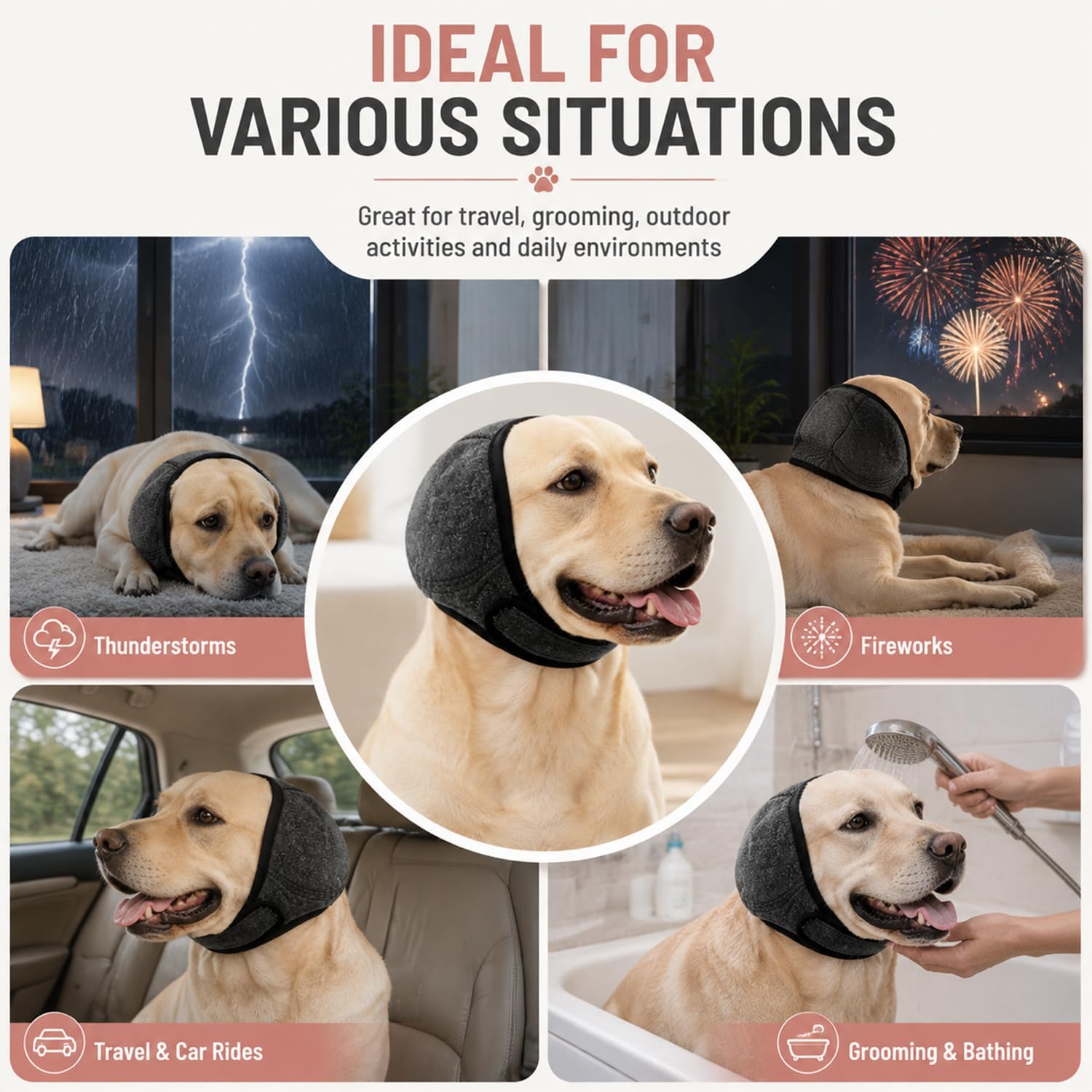 Dog Ear Muffs Noise Protection,Ear Muffs for Dogs,Calming Ear Wrap for Anxiety Relief, Waterproof Adjustable and Non Slip No Shake for Grooming, Bathing, Fireworks and Thunderstorms(2PC Black,XL) image 5