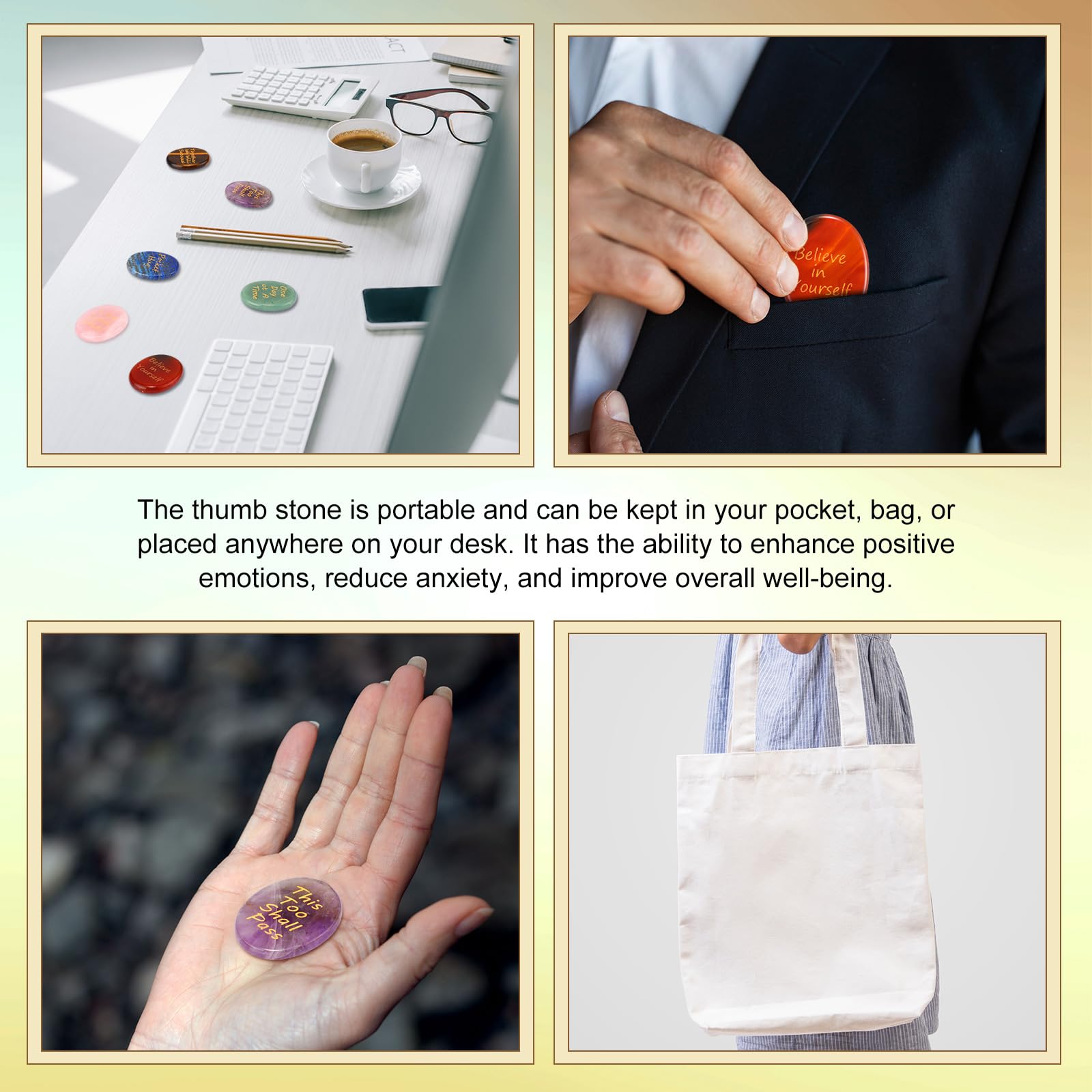 Set di 6 pietre preoccupanti per l'ansia, cristalli calmanti con carte e sacchetti a rete che pensano a te, regali per donne, sollievo dallo stress, meditazione, regali ispiratori