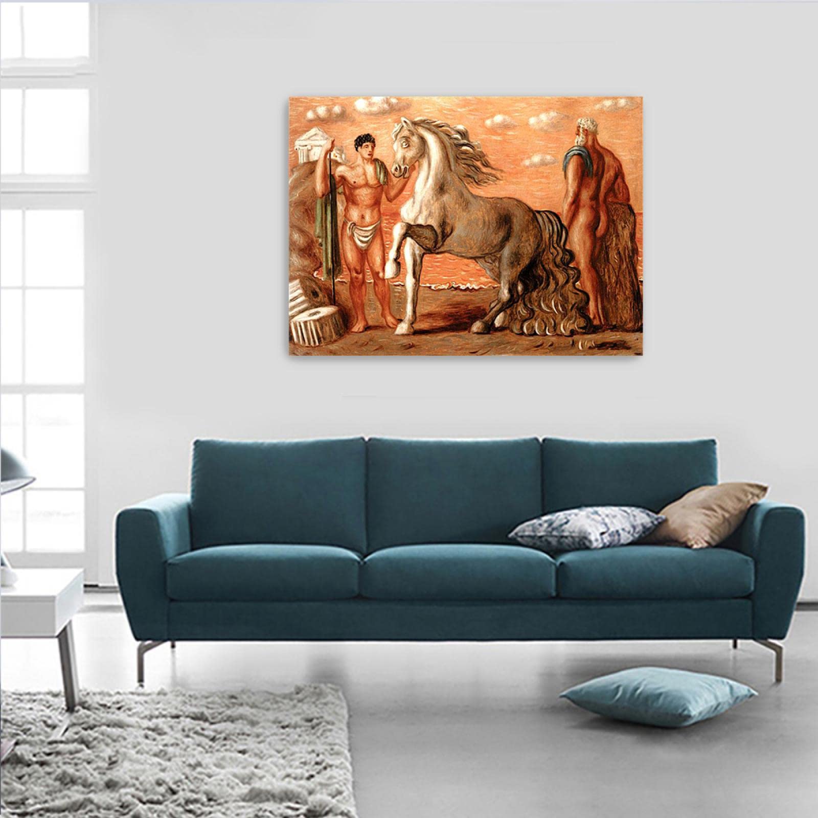 JZSDGB Giorgio de Chirico Słynny artysta na płótnie, sztuka ścienna, reprodukcje obrazów, plakaty, koń i figurki nad brzegiem morza, graficzne obrazy do dekoracji biurowych, 20 x 30 cm, bez ramy