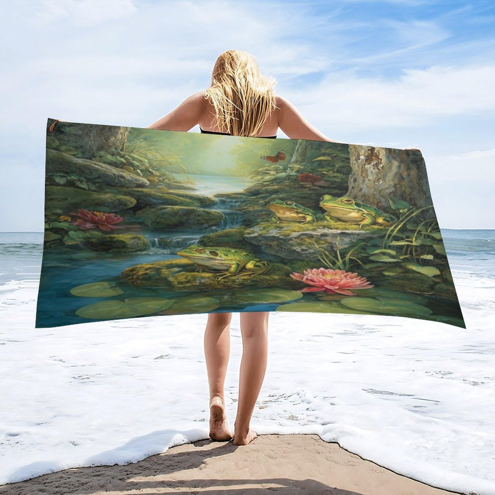 Luyysky Colorful Classic Cute Frog Quick-Drying Beach Towel, Fantasy Retro Spring Garden Animal Butterflies Plant Lotus Flowers Travel Vacation Single Sided Pile Bathroom Towels-80 W Cm X 160" L Cm