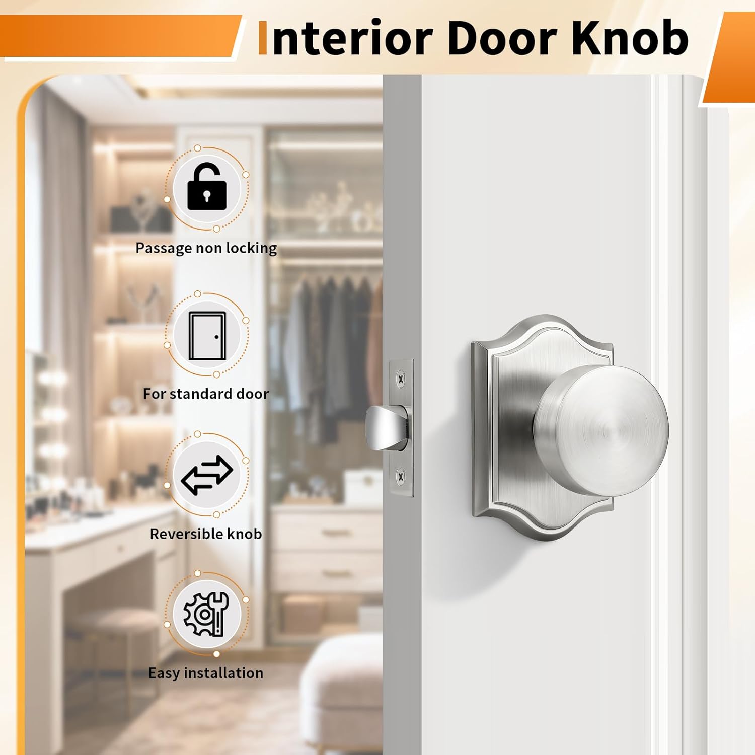 Probrico Brushed Nickel Door Knobs, Passage Door Knobs for Closet Hallway, Heavy Duty Interior Closet Door Knob, 6 Pack