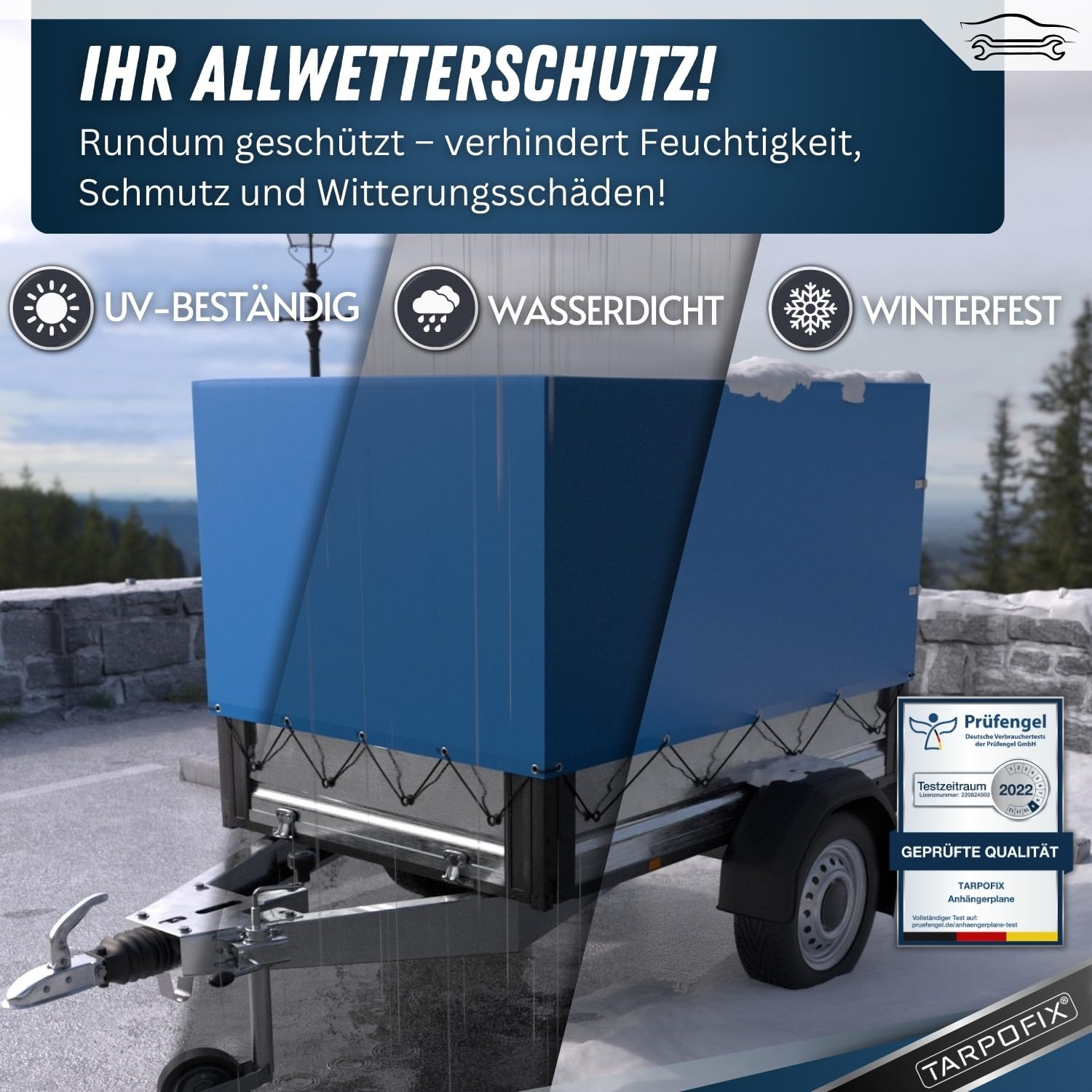 Tarpofix® Anhänger Plane 209x114x65 cm inkl. Planenseil | Anhängerplane Hochplane aus PVC PLANENMATERIAL | Verstärkte Stema Hänger Abdeckplane für 750kg PKW Autoanhänger | Abdeckung Blau