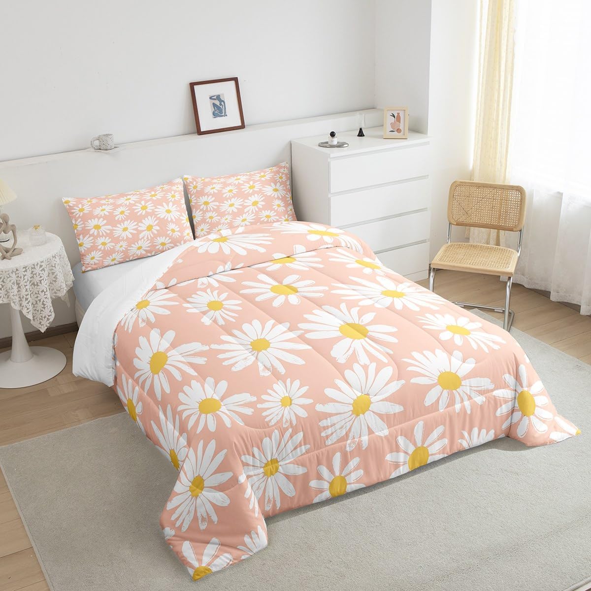 Castle Fairy Girls Daisy Twin Size Comforter Set,Kids Pink White Yellow Decor All Season Bedding Set,Teens Daisy Flowers Comforter,Children Spring Floral Decor Quilt Set Bedroom Collection 2Pcs