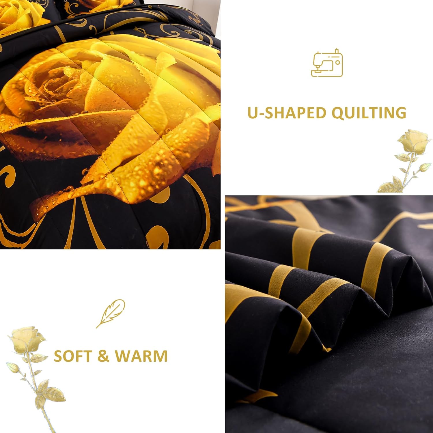 WONGS BEDDING Yellow Comforter Set Queen, Reversible Yellow Rose 7 Pieces Bed in a Bag, Lightweight Soft Microfiber Bedding Sets with Flat Sheet, Fitted Sheet, Pillowcases & Shams
