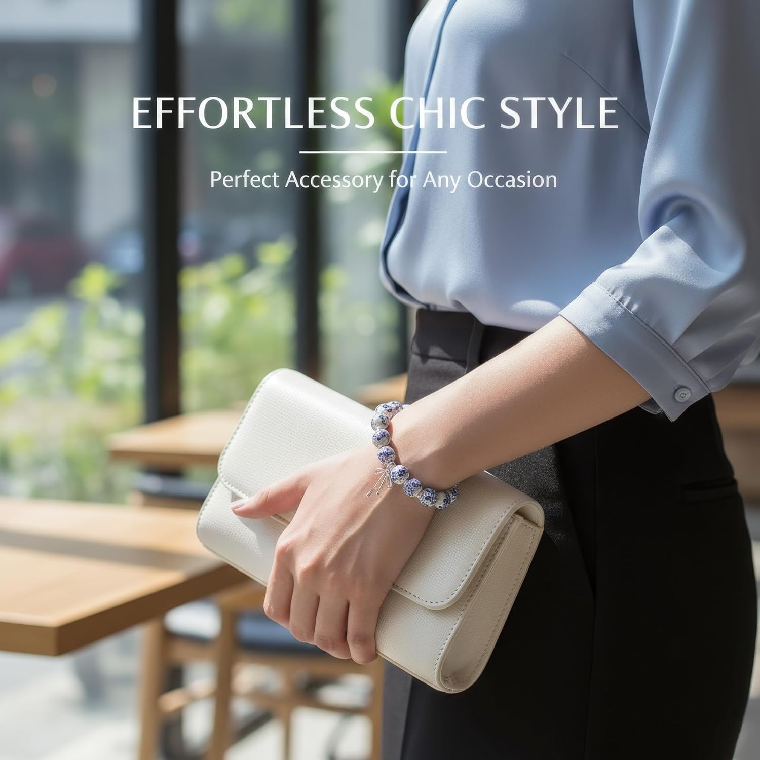 Blue and White Floral Ceramic Beaded Bracelet, Silver Bow Charm Stretch Jewelry, Vintage Chinoiserie Style for Women (Silver) - Image 3