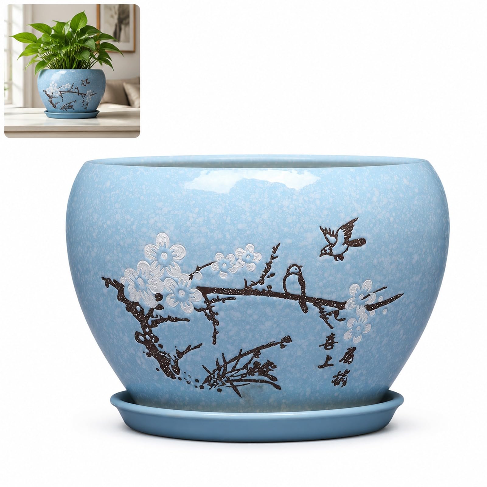 ZeptiHOM Large Ceramic Flower Pot Chinese Style Plant Pot Orchid Bonsai Balcony Indoor Succulent with Tray (blue,19 * 14.5cm)