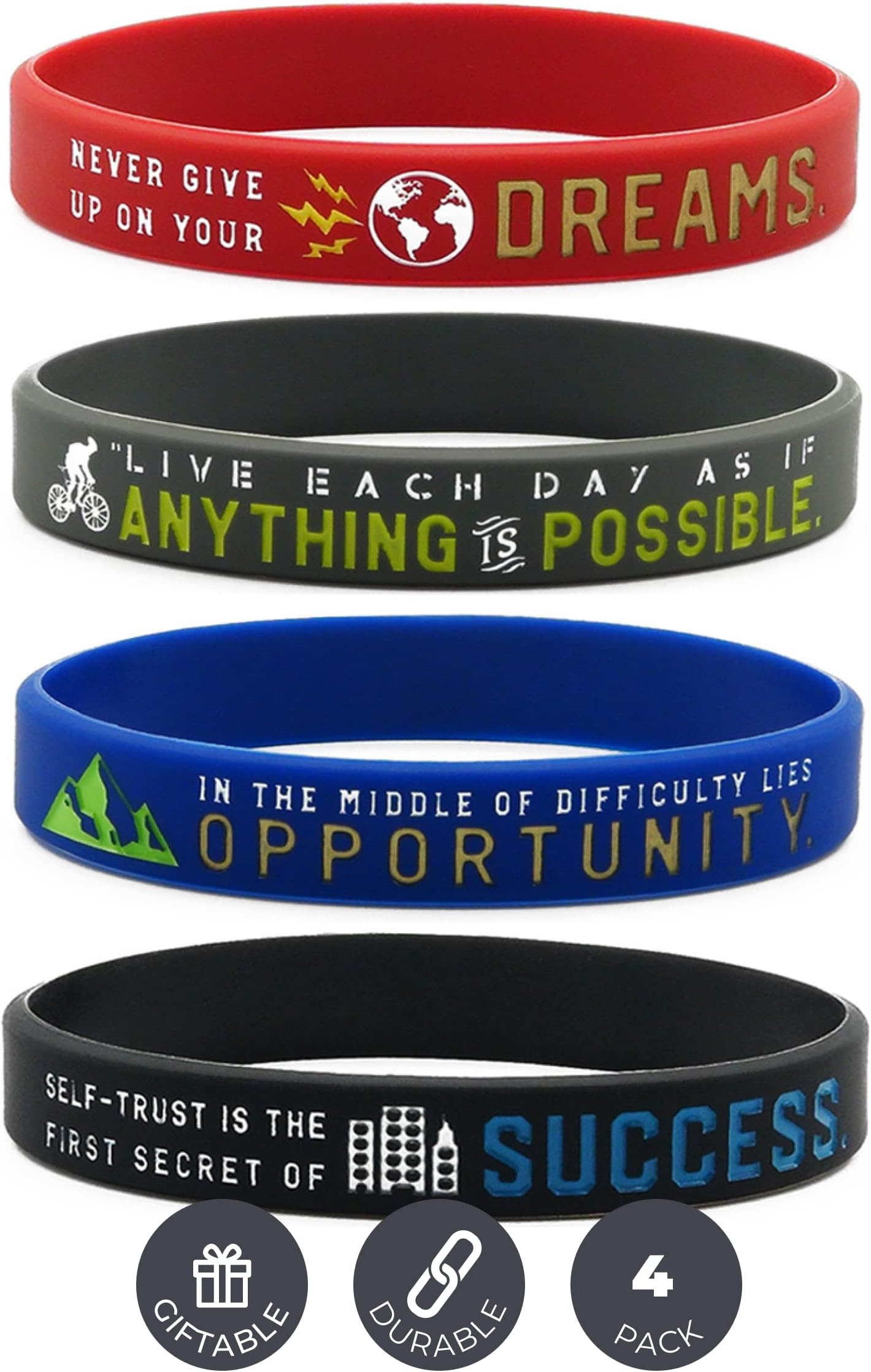 Inkstone Inspirational Bracelets 4 Pack with Motivational Sayings Anything is Possible Success Dreams Opportunity Silicone Rubber Inspirational Jewelry Bracelets