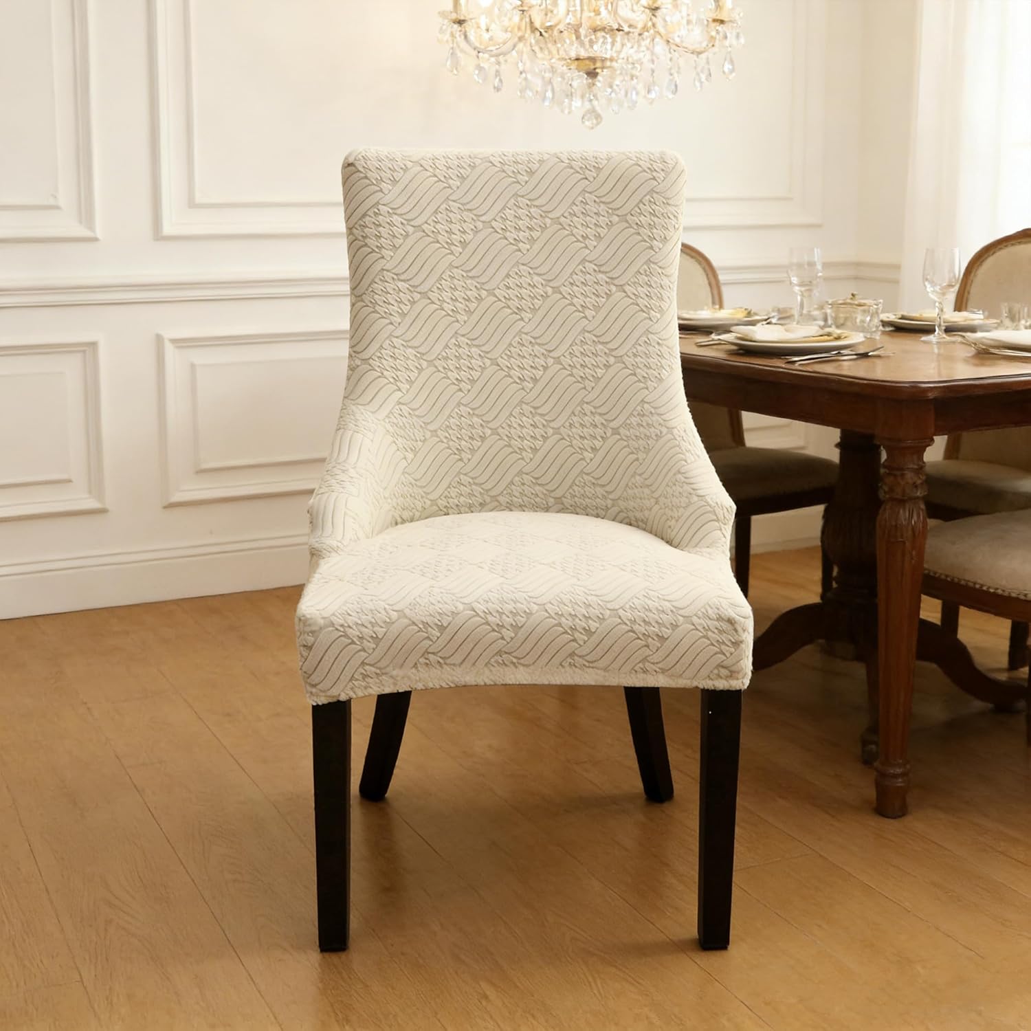 FORCHEER Beige Chair Covers for Dining Wingback Chairs with Arms 2 Pieces Stretch Jacquard Wing Back Side Dining Chair Slipcovers Set of 2 Washable Removable