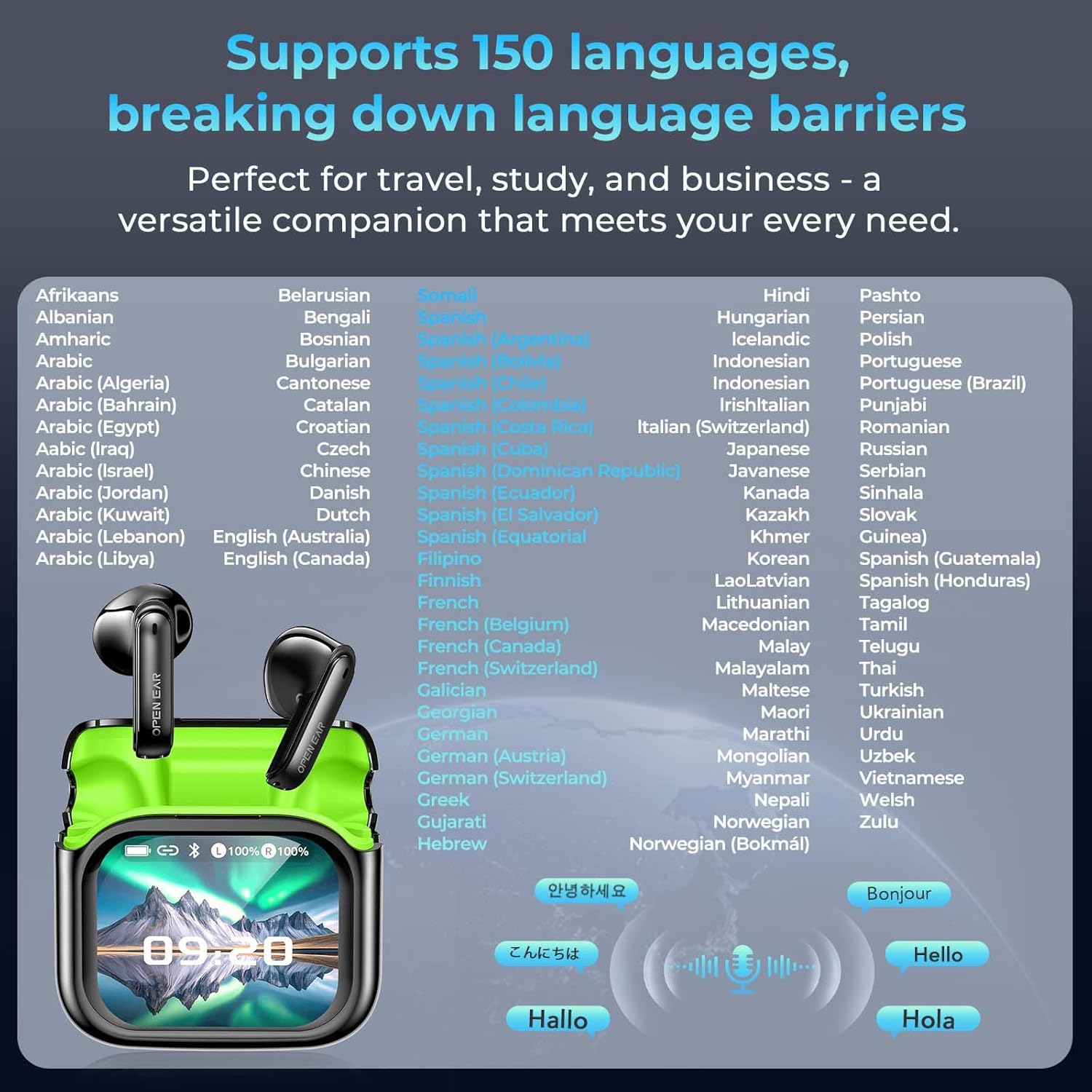 AI Translation Earbuds Real Time 3 in 1 Translator Earbuds OWS Wireless Bluetooth 6.0 Earphones Supports 135 Language Open Ear translating Headphones for Travel Business Learning MS103/NE20