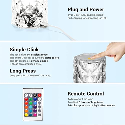 Miniatura 5 de Lámpara rosa, control táctil, lámpara de mesa de cristal con 16 colores, luz nocturna RGB USB y control remoto, LED táctil de diamante para