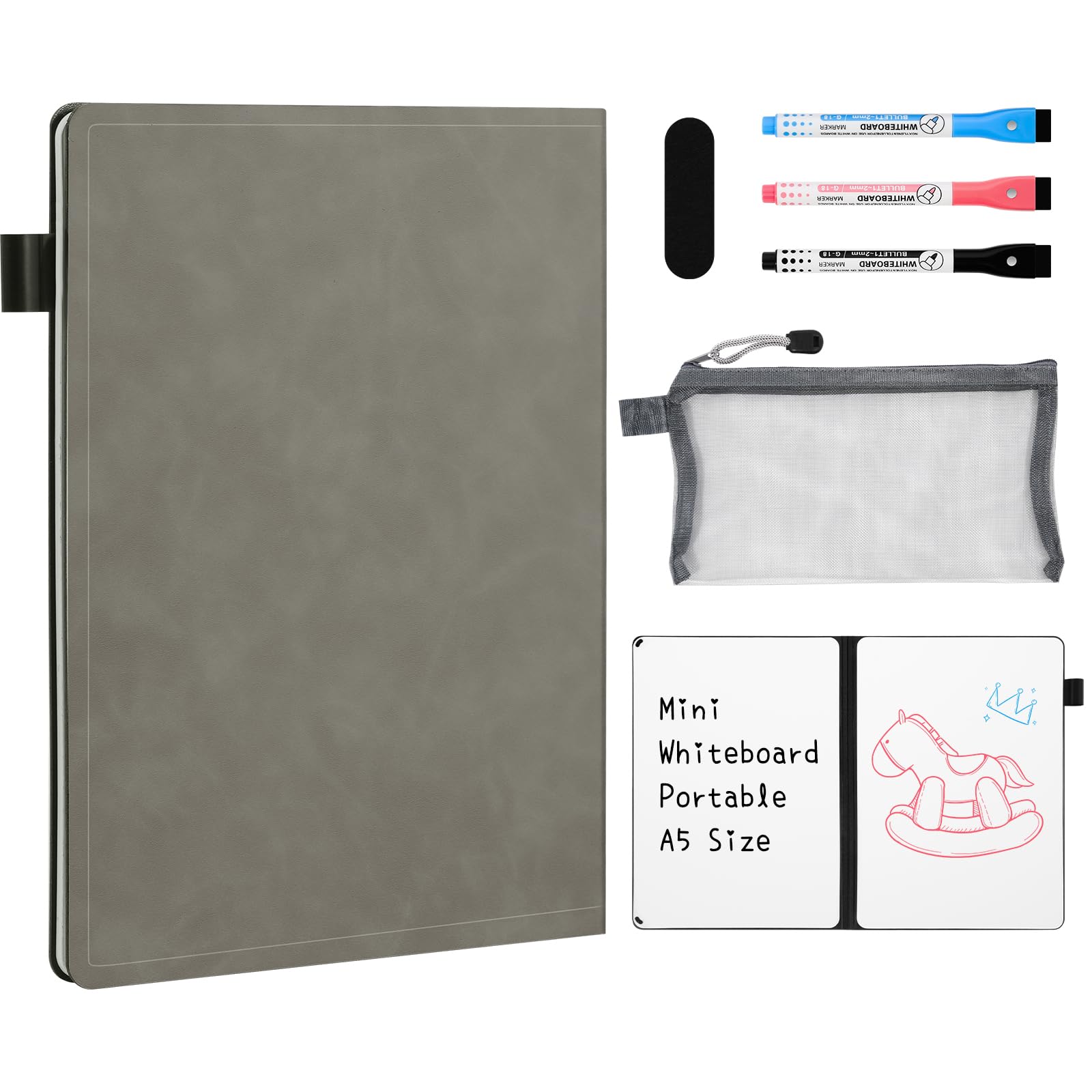 AGM A5 Mini Whiteboard, Portable Dry Erase Board with 3 Colored Markers, Eraser, and Mesh Pouch, Ideal for Studying, Meetings, Note-Taking, and Doodling-Grey