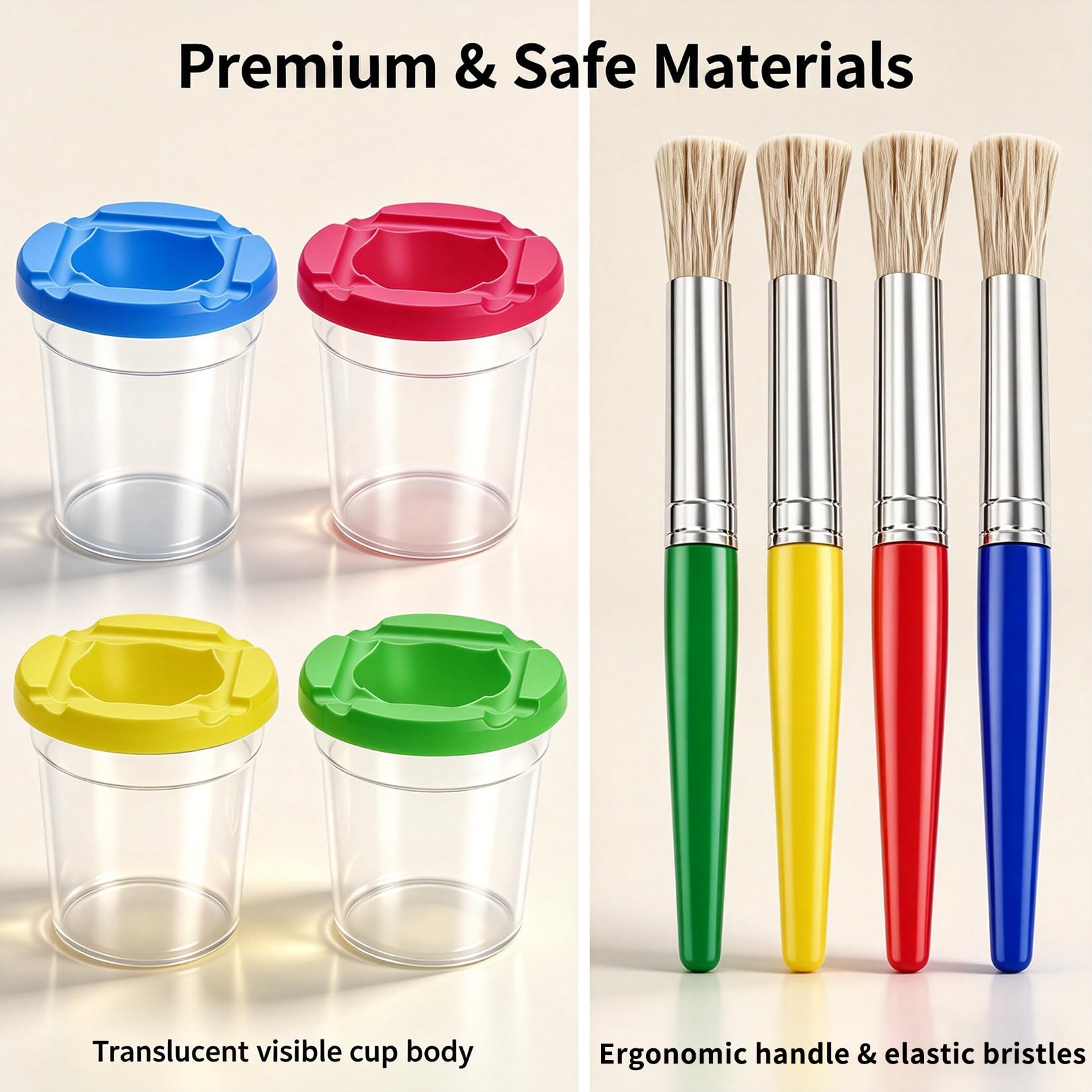 4 Pcs Gobelet pour Peinture Acrylique, Godets Anti-éclaboussures pour Peinture, Gobelet Aquarelle avec Couvercles, pour école et maison (multicolore), comprenant 1 set godets et 1 set pinceaux