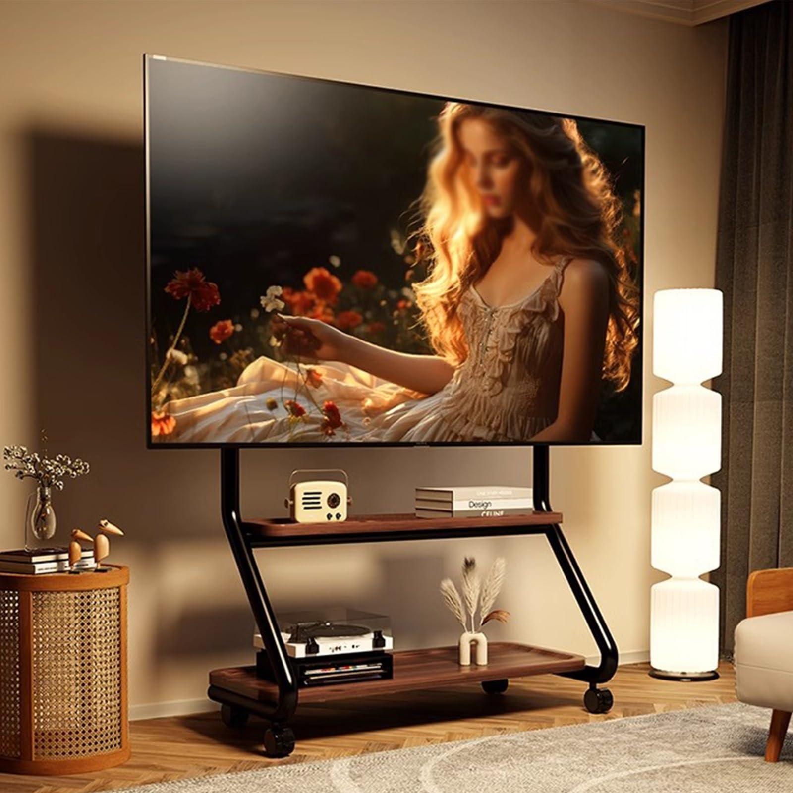 DFGHNBVC Tv Stand, Television Stands, Entertainment Stand, Media Center, Mobile Tv Stand With Wheels, For 40-75 Inch Tvs, With Two Storage Shelves, For Home Office,Black
