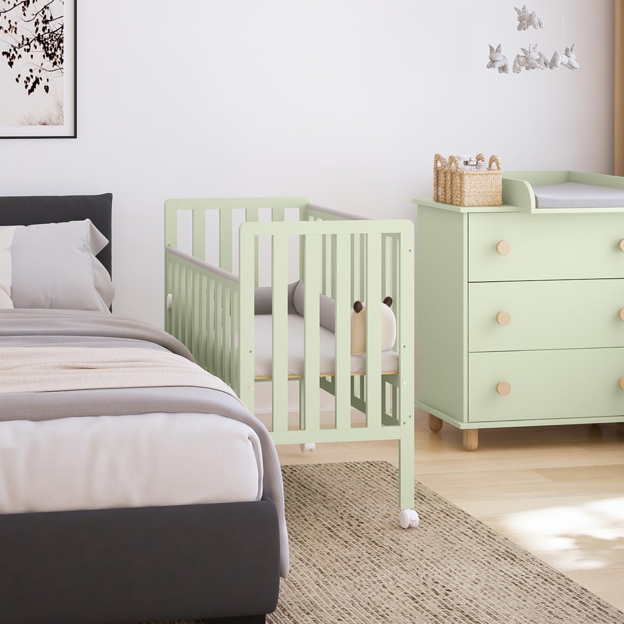 zee Bambi Mint Beistellbett Baby mit Rollen 100x50 cm Tragbar Babybett Verstellbarer Stubenwagen Kinder Bett im Minimalistischen Skandinavischen Stil 3-Fach Höhenverstellbar