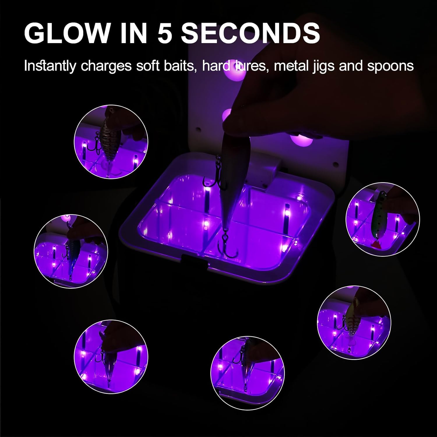 UV Fishing Lure Charger Case Glow Lure for Ice Fishing Deep Water & Night Fishing Compatible with Fluorescent Lures Jigs, Spoons Portable Hands-Free Design