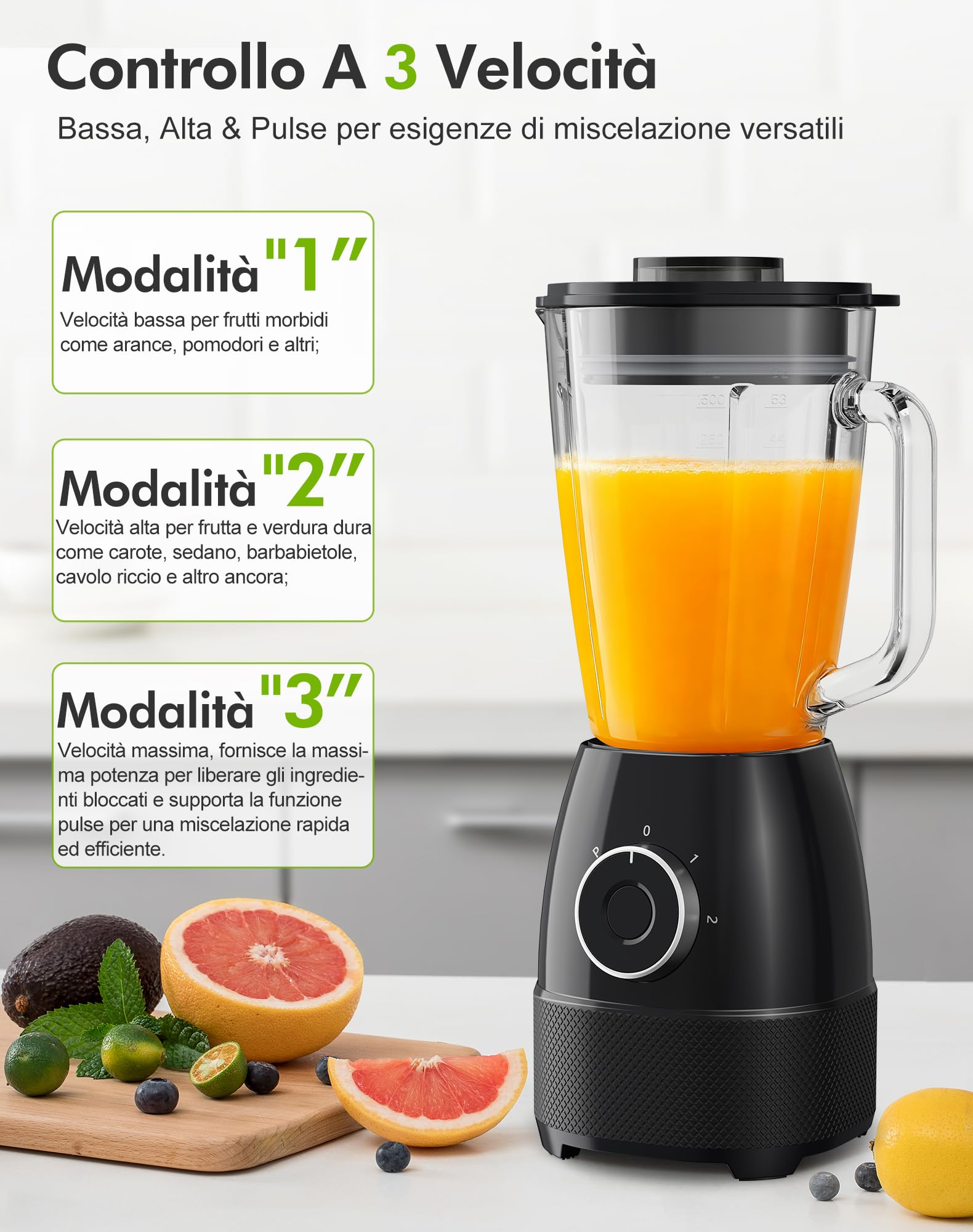 Frullatore, 1500W Elettrico Frullatore Smoothie con Caraffa in Vetro da 1,5L e Bottiglie Portatili 600ml, Velocità Regolabile, Lama in Acciaio Inox per Gelato, Frutta, Verdura