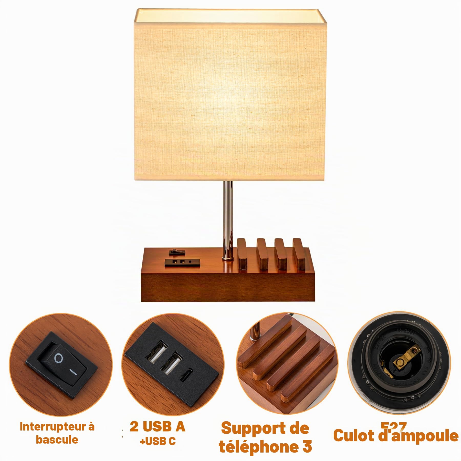 Dreamholder Lampe de table moderne avec 3 ports USB A+C, 3 supports de téléphone, base en bois de noyer et abat-jour en lin