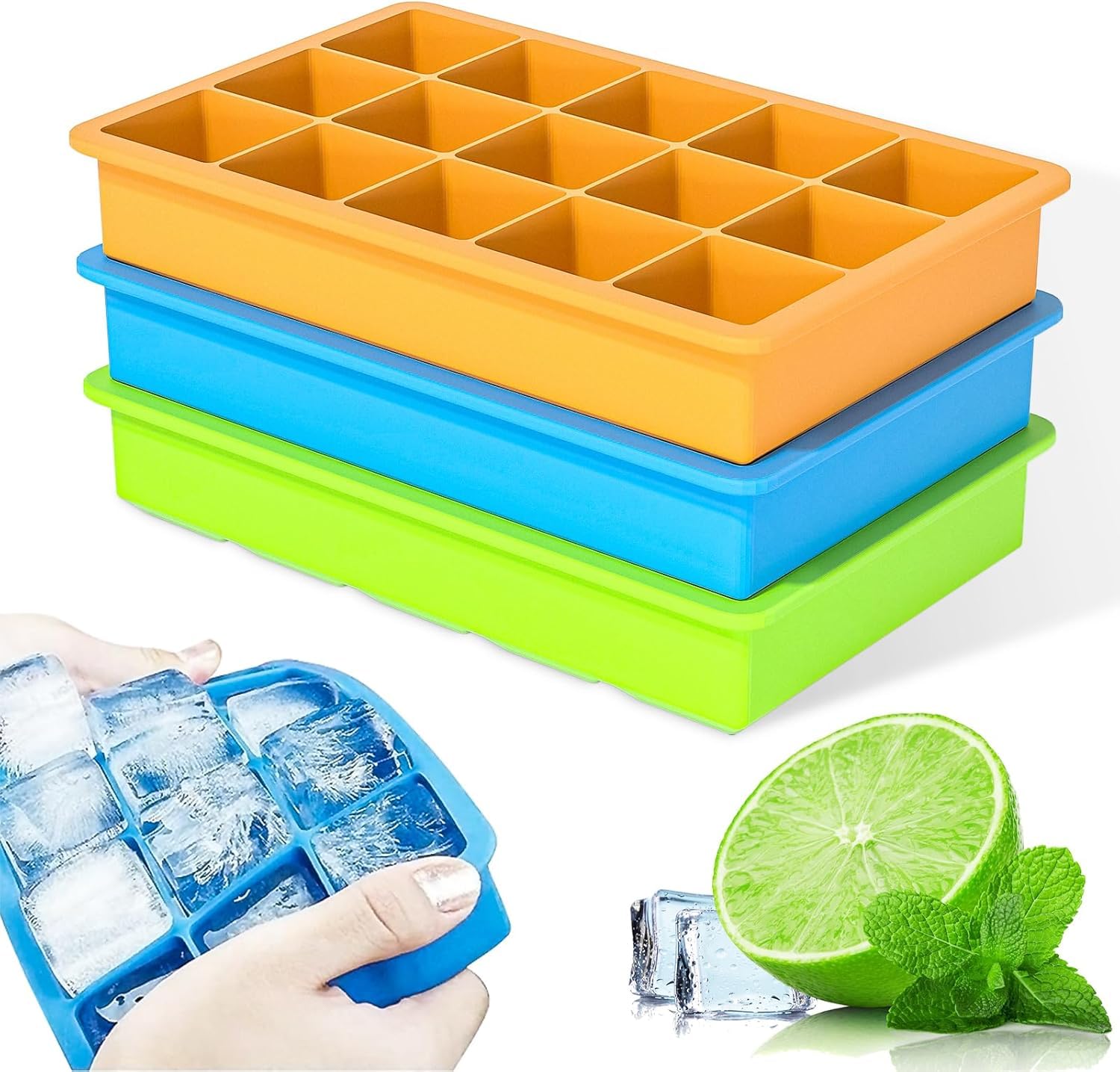 Ice Cube Tray, 3 Pack Silicone Ice Tray Easy-Release Flexible 15 Ice Cube Molds, Stackable Ice Trays for Freezer, Ice Cube Size 1.2 IN for Cocktail, Whiskey, Juice, BPA Free