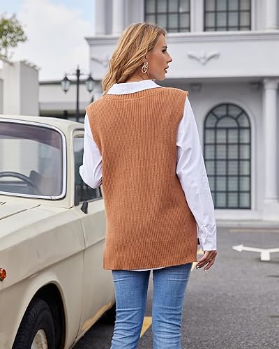 Vista 7 de Fuinloth Chaleco tipo suéter de gran tamaño para mujer, cuello en V, túnica de punto, sin mangas